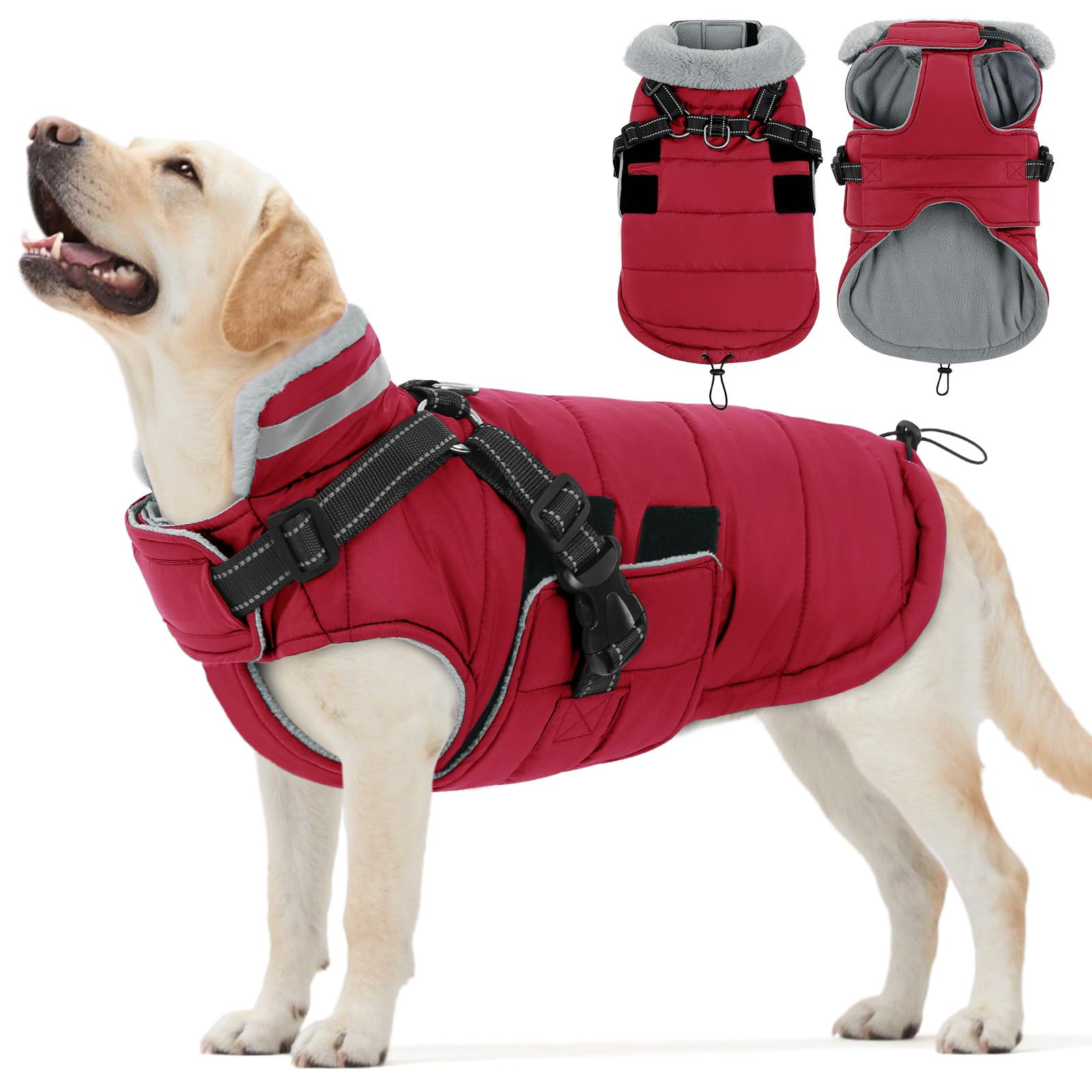 ASENKU 3XL Extra Large Dog Waterproof Winter Coat with Built-in Harness – Fleece Lined Reflective Jacket for Golden Retriever Labrador German Shepherd Rottweiler, UK Daily Walks Rainy Hiking