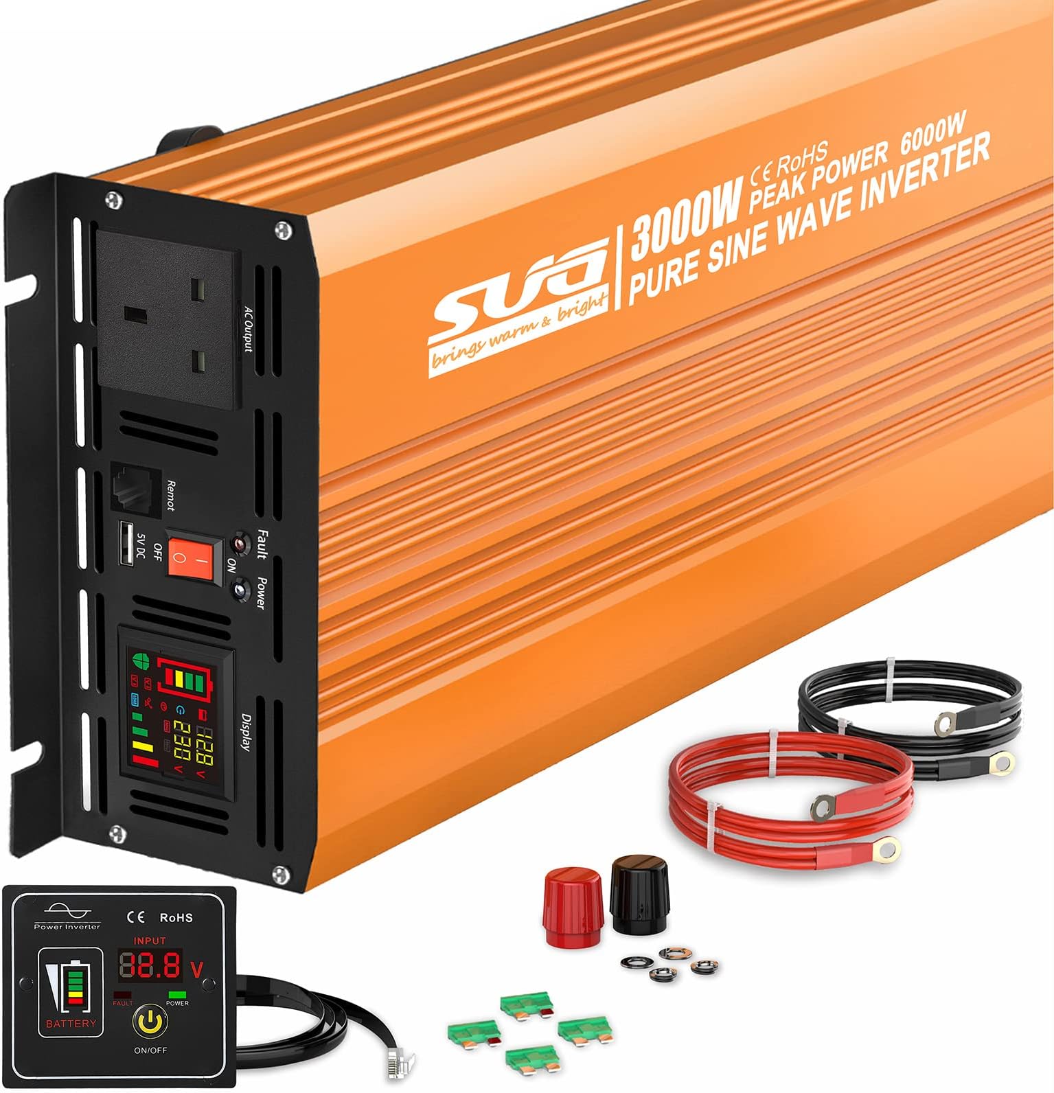 SUG 3000W Pure Sine Wave Inverter 12V to 230/240V Car Converter Pro Power Inverter | 6000W Peak Power | LED Display | Remote Control | 4.2A USB Charging Ports & AC Outlets