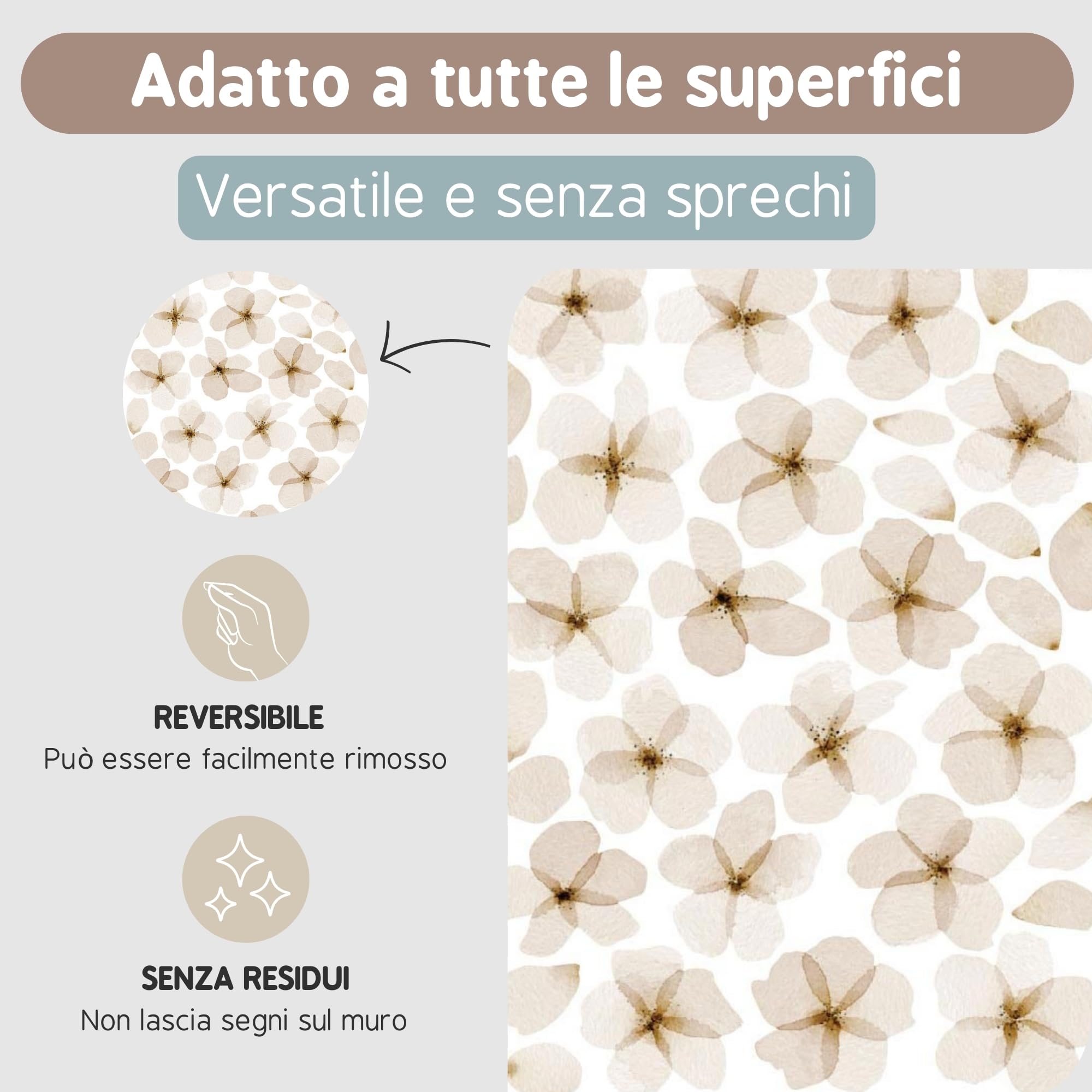 Adesivi Murali Bambini | Adesivi Cameretta Bambino Bimba Fiori Acquerello | Effetto Carta da Parati Adesiva | Copre 6 m² | 72 fiori y 60 petali | TRESXICS (Marrone)