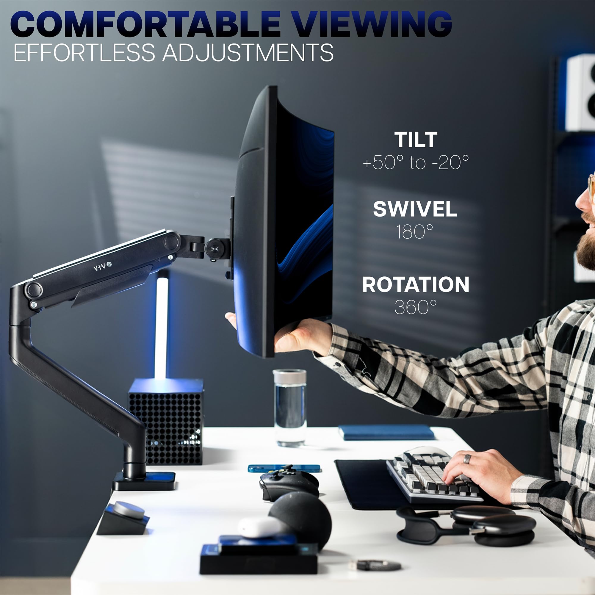 VIVO Robuster Aluminium-Spannarm für Monitore bis zu 124,5 cm (49 Zoll), hält 20 kg, Premium-Schreibtischhalterung für Samsung Odyssey G9 und mehr, schwarz, STAND-V101V