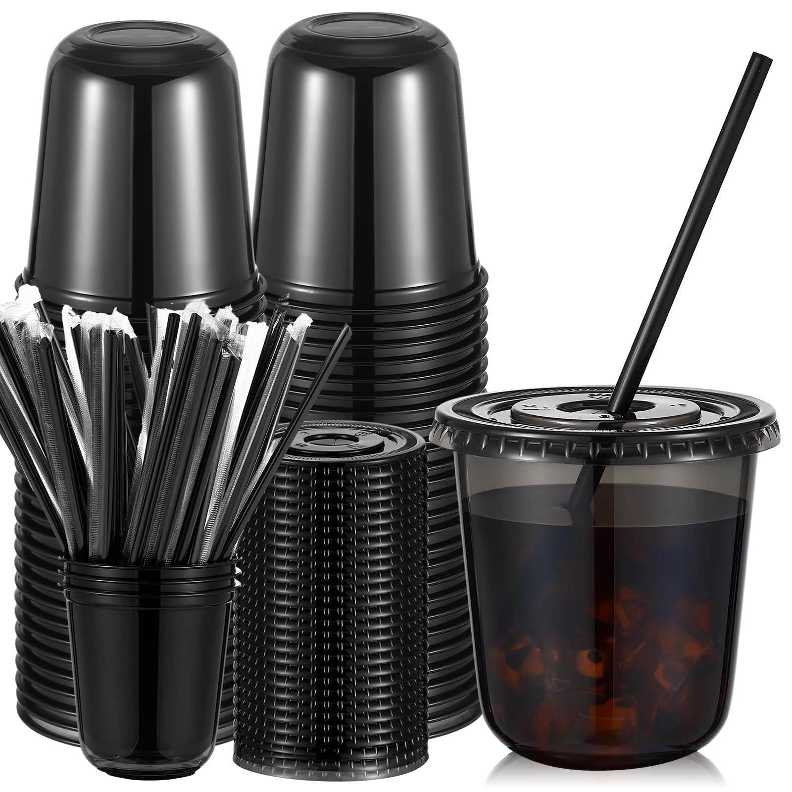 Ziliny 50 Set 12 oz Clear Plastic Cups with Lids and Straws, PET Disposable Iced Coffee Cups for Drinking Cold Beverage Juice Parfait Smoothie