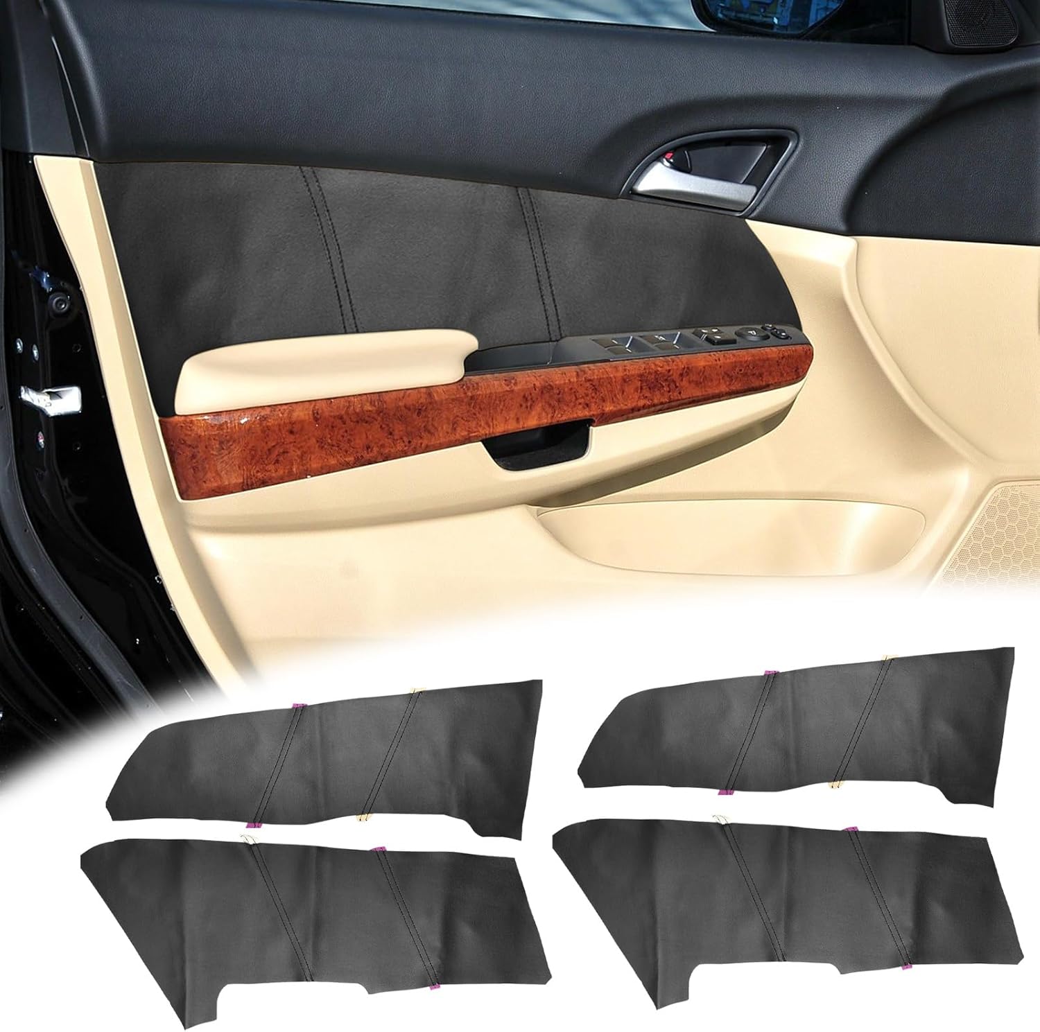 4PCS Door Panel Cover Compatible with Honda Accord 2008-2013 Front and Back Vinyl Leather Insert Cards Protector Trim Black (Only Leather Part)