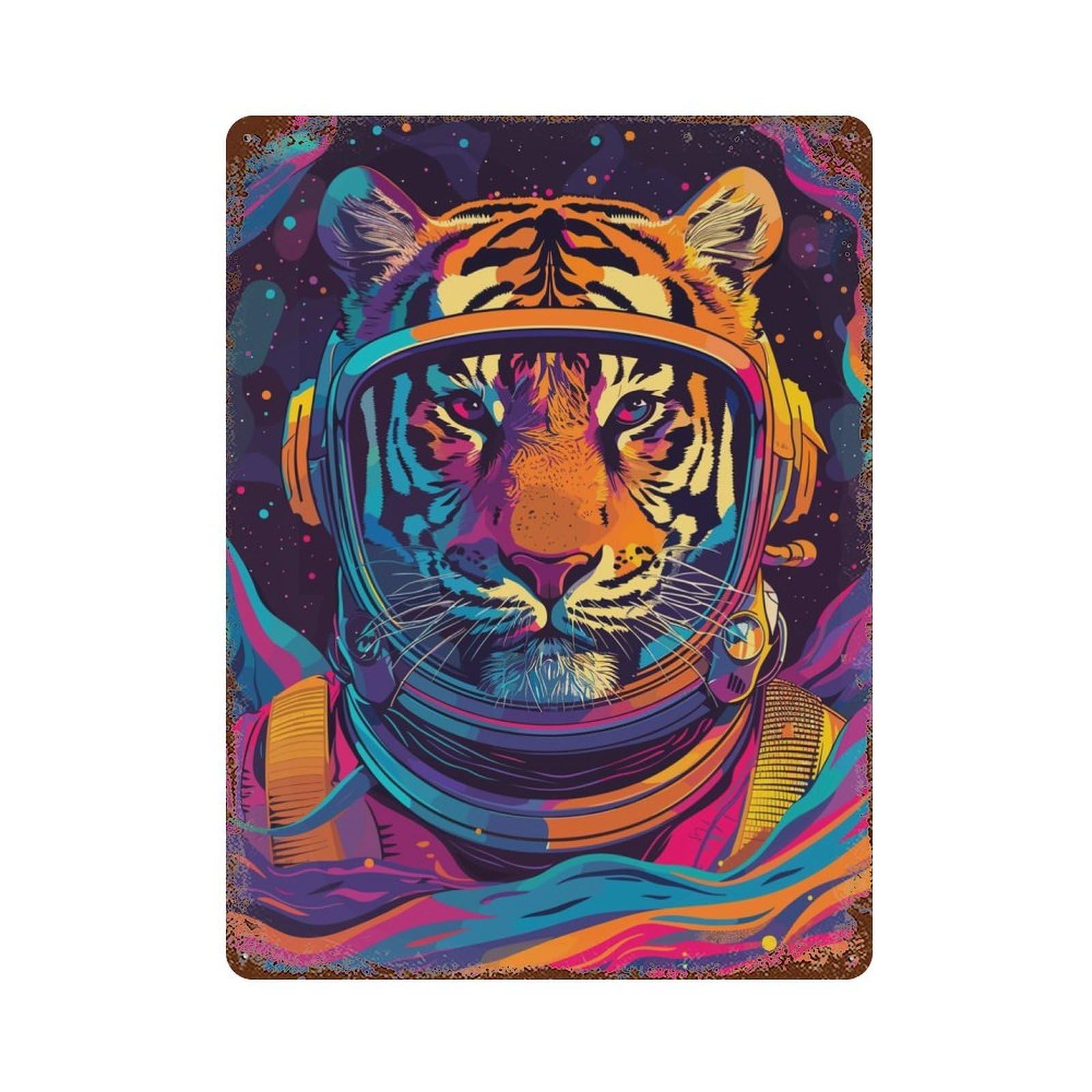 Retro Metal Sign with Astronaut Tiger Space Design 15.7"x11.8", for Living Room, Hallway And Home Decor, Vintage Wall Decor