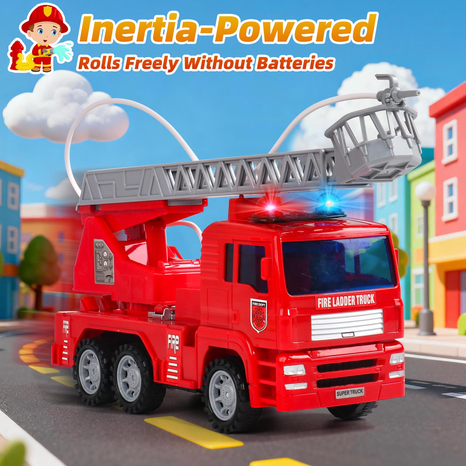 Camión De Bomberos Con Luz Y Sonido Para Niños De 2 A 6 Años – Escalera Telescópica, Aspersores Y Sirena Realista