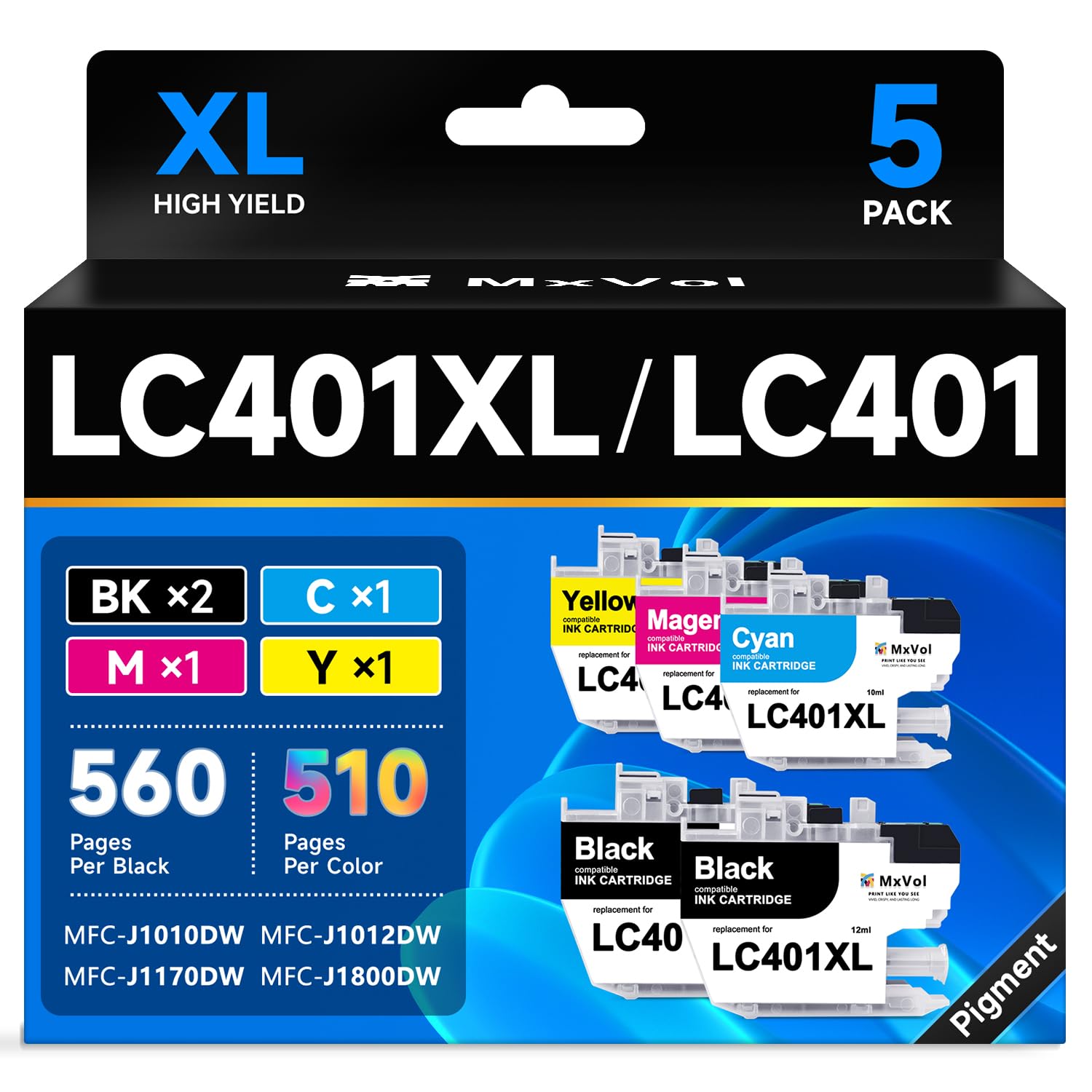 LC401XL LC401 Ink Cartridges Compatible for Brother MFC-J1010DW 5-Pack