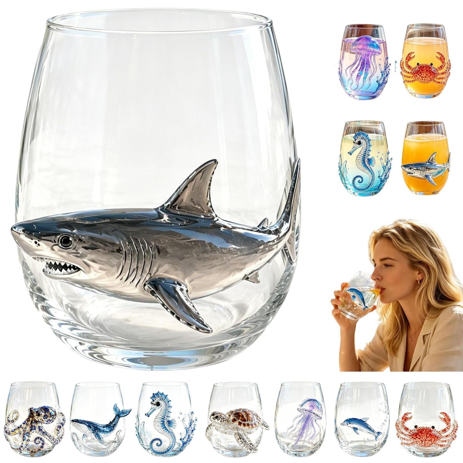 ByteCraft Artisanal Blue Ringed Octopus Glassware, Artistic 3D Octopuses Stemless Wine Glasses, Handcrafted Marine Animal Bar Glass, Coastal Home Decor Gift for Ocean Lovers (Shark)