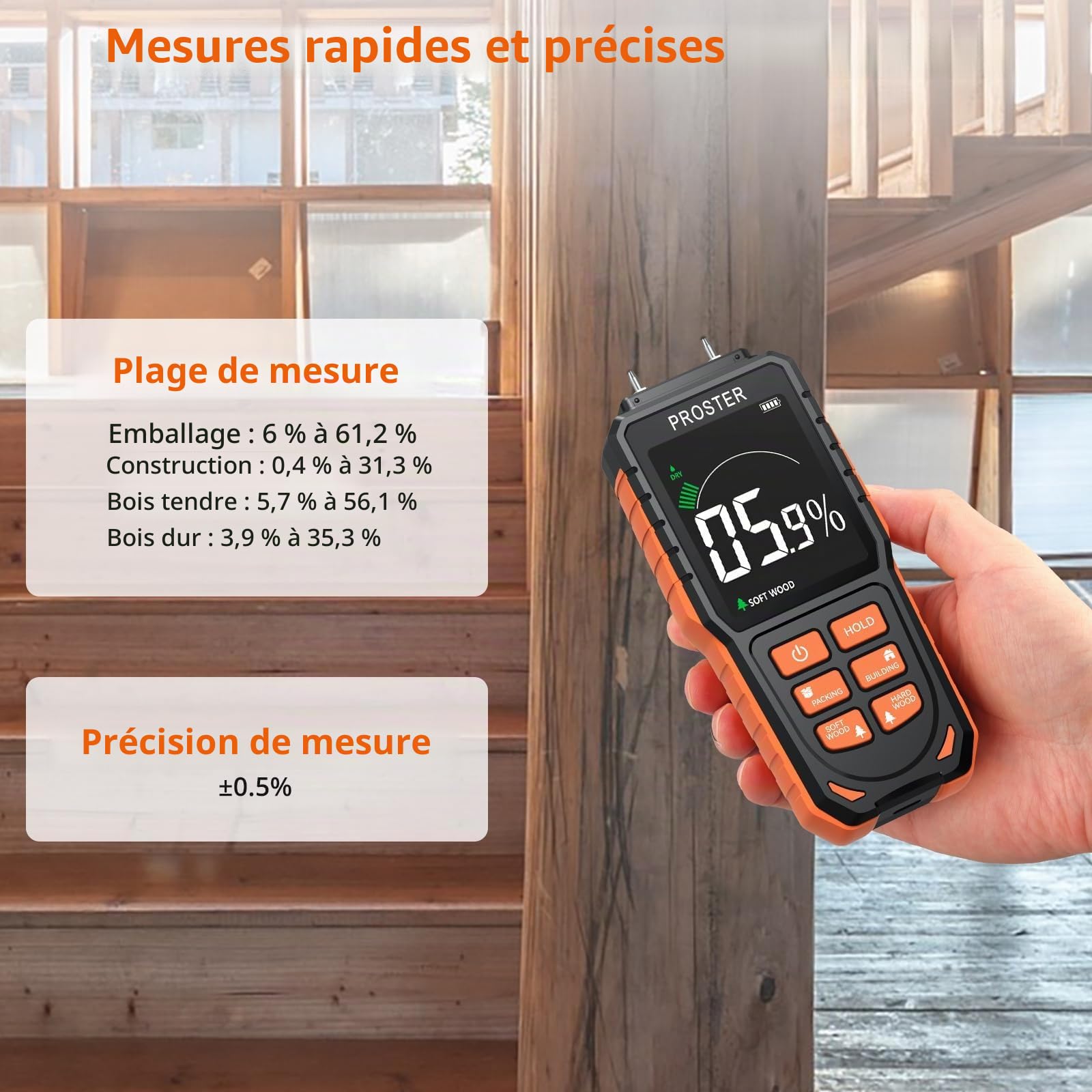 Proster Humidimètre Numérique à Broche Remplaçables Haute Précision 4 Modes Écran LCD Couleur Testeur Humidité Portable Rechargeable