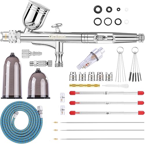 Gyfent Kit de aerógrafo de doble modo, pistola de aerógrafo con 3 juegos de boquillas de liberación rápida, cepillo de aire de alimentación por