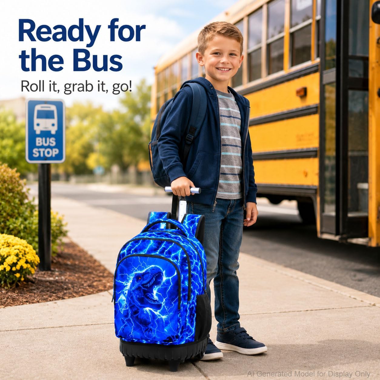 KLFVB Rolling Backpack for Boys, 3PCS Roller Bookbag with Lunch Bag for Kids, Wheeled School Bag for Teen - Lightning Dinosaur