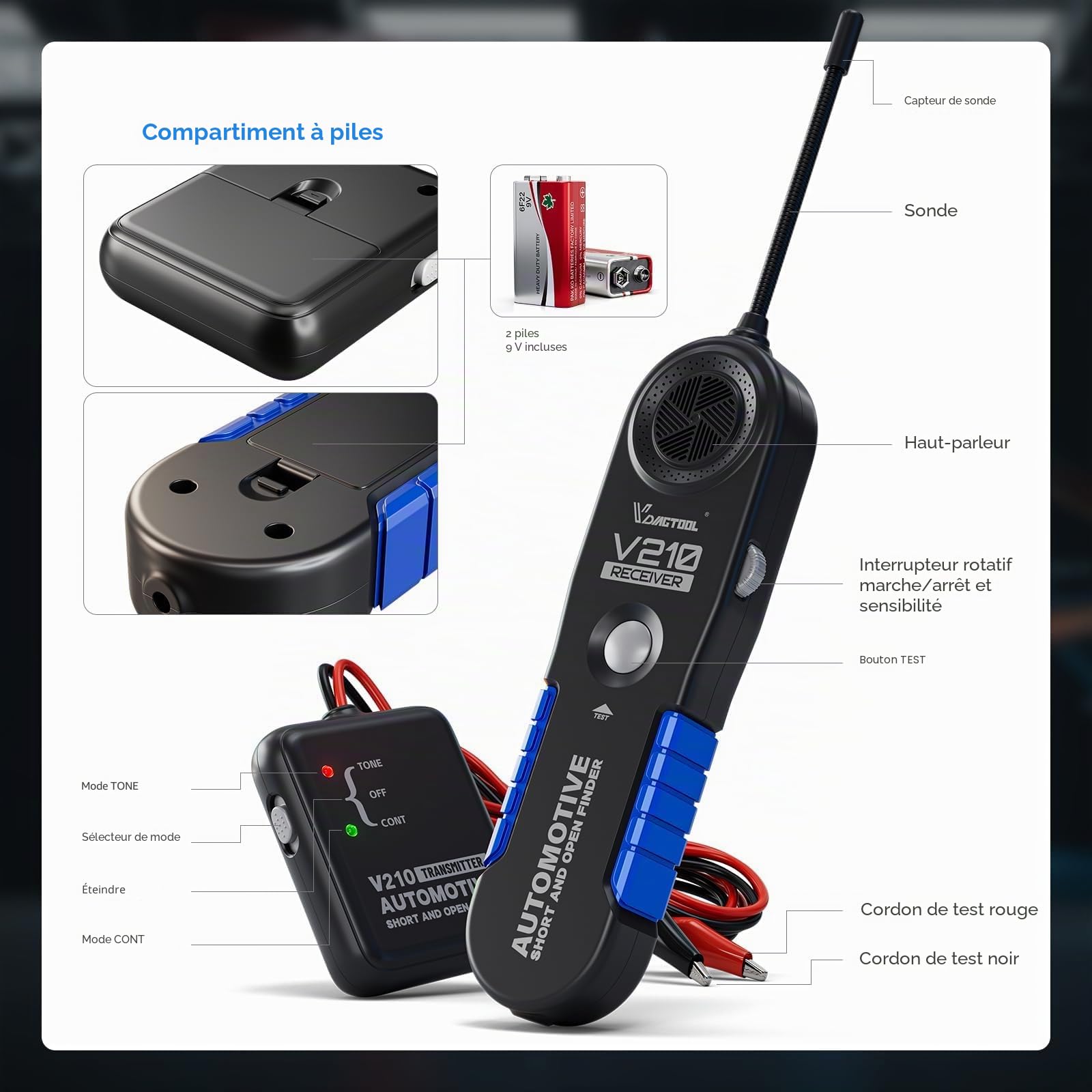 VDIAGTOOL V210 Traceur de Cables Electriques, Outil Detecteur De Fil Coupe Voiture 6-42V DC, Testeur de Circuit Ouvert et Court-circuit, Localisateur de câble et Disjoncteur électrique Automobile