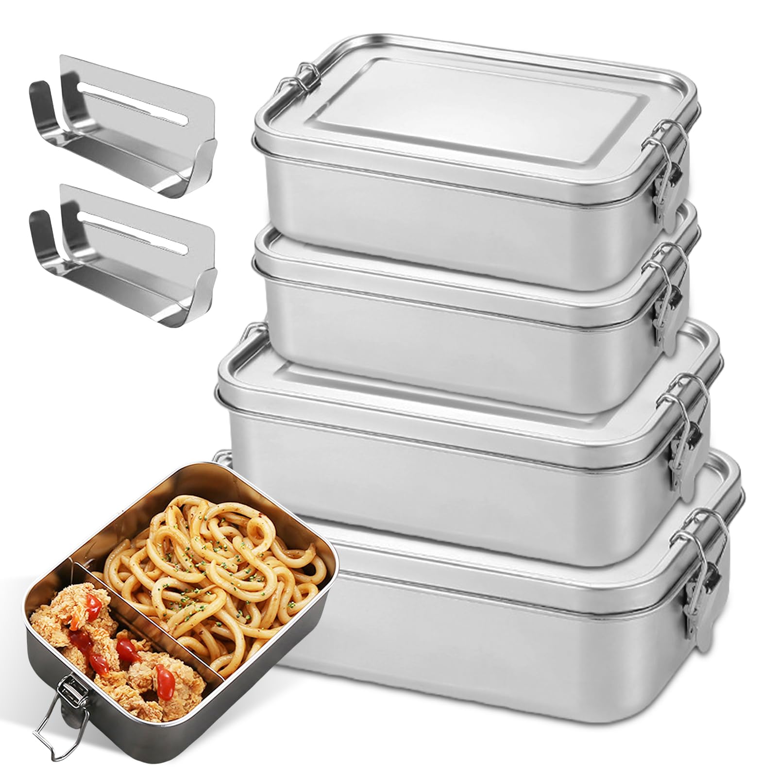 PORFOYO 4 fiambreras de acero inoxidable con compartimentos, 550 ml, 850 ml, 1400 ml, fiambrera de acero inoxidable con tapa, cajas bento de acero inoxidable 304 con compartimentos, fiambrera para