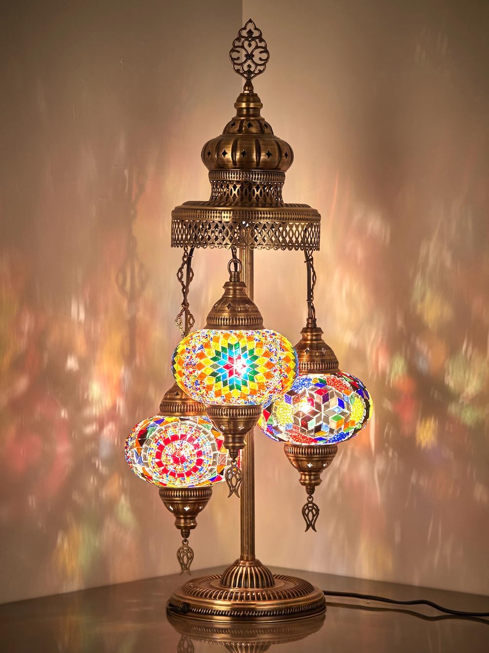 DEMMEX 3 Big Globes XL Magnificent Handmade Turkish Moroccan Mosaic Tiffany Style Table Desk Bedside Lamp Lampshade Exotic Night Accent Light for North American Use, 31" Height (Gift Me - Multicolor)