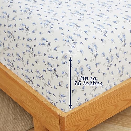 Miniatura 4 de Juego de sábanas florales de lujo tamaño individual, sábanas de microfibra suave de lujo con flores azules para todas las estaciones, bolsillo