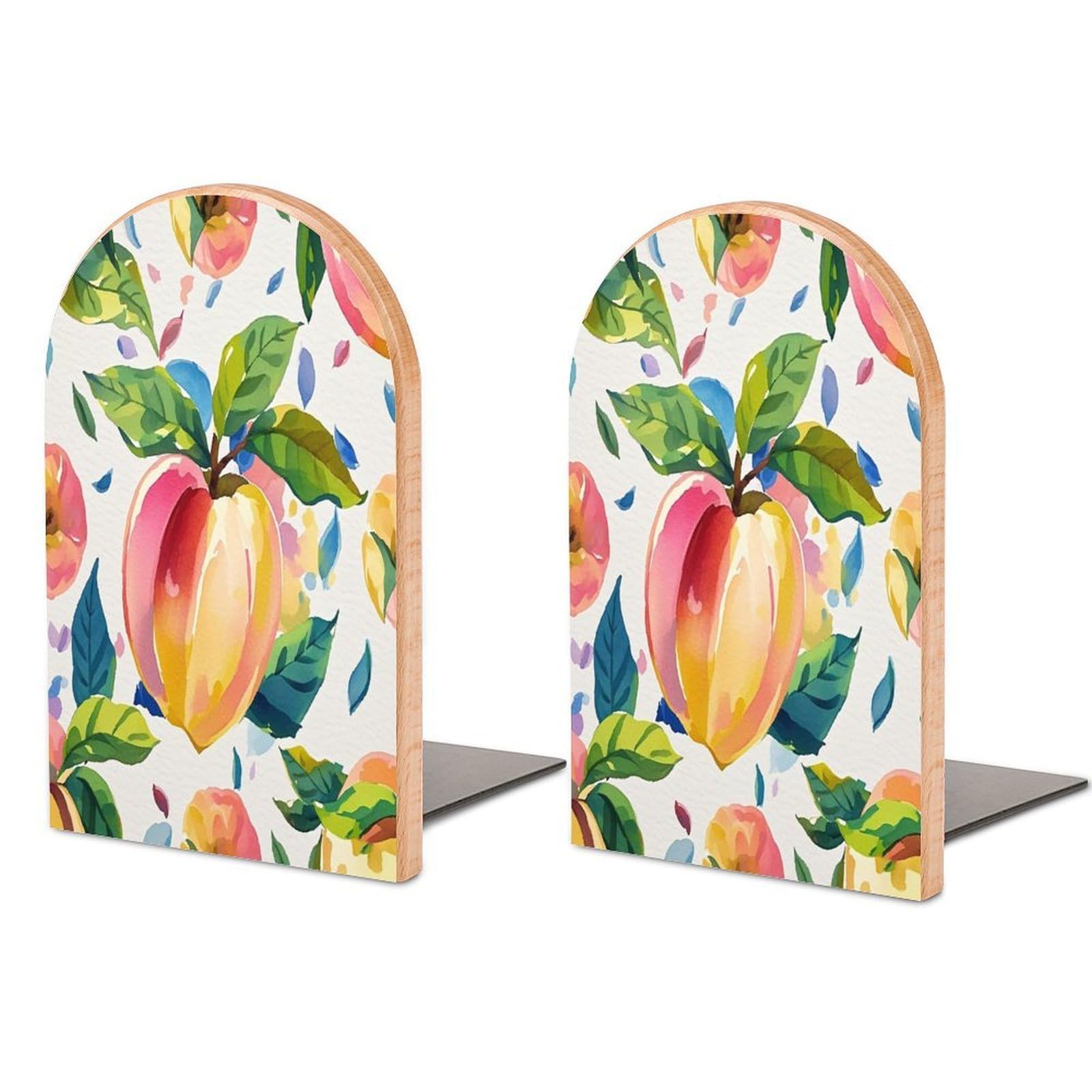 Colorful Peach Watercolor Bookend Non-Skid Wooden Bookends for Shelves Heavy Duty Wood Book Ends Decorative Book Stopper Book Stand Non-Slip Book Organizer for Home Office Library