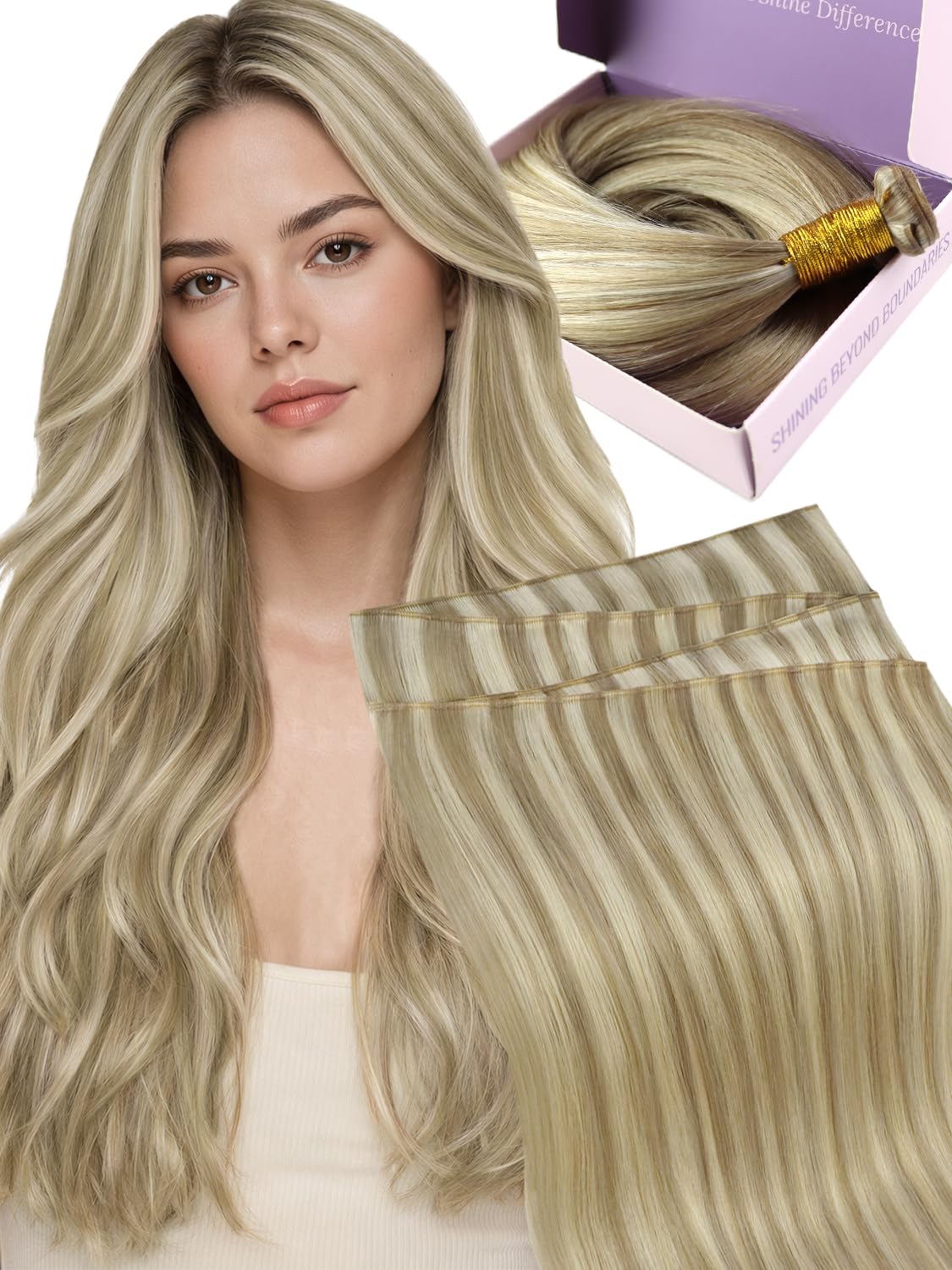 18 Inch Human Hair Extensions Sew In Weft 50G Lightweight Natural Blend Natural Blonde Balayage (18ET90A) Feather Weft Hair  main image 3
