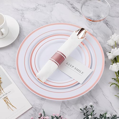 Miniatura 6 de BESTVIP Juego de vajilla de plástico color oro rosa de 350 piezas, platos de fiesta desechables para 50 invitados, incluye 100 platos de plástico,