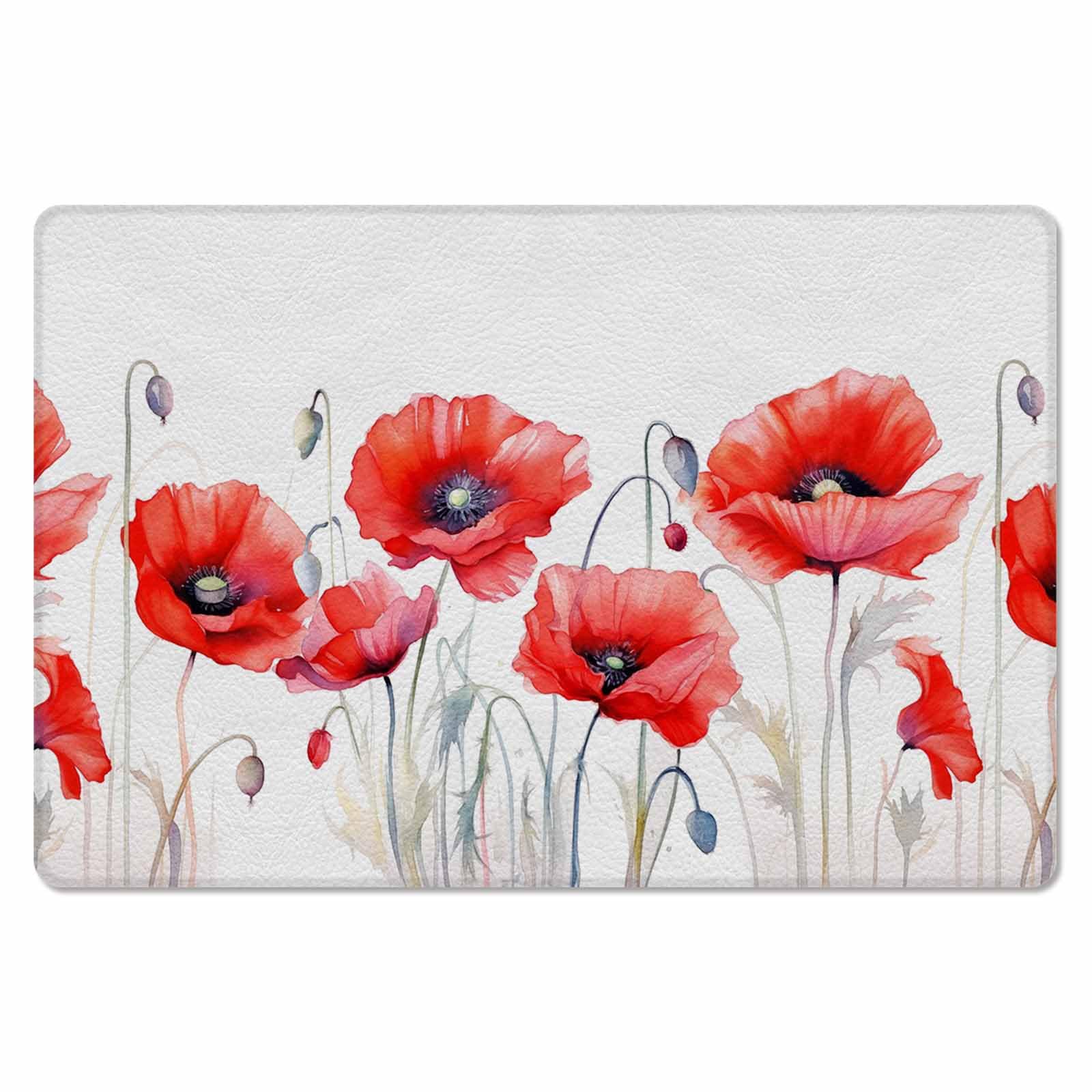 Red Flower Watercolor Antifatigue Kitchen Bath Door Mat Cushioned Runner Rug,Washable Welcome Floor Sink Mat,Waterproof & Non-Slip Kitchen Standing Doormat,Spring Botanical Plant Modern White 24