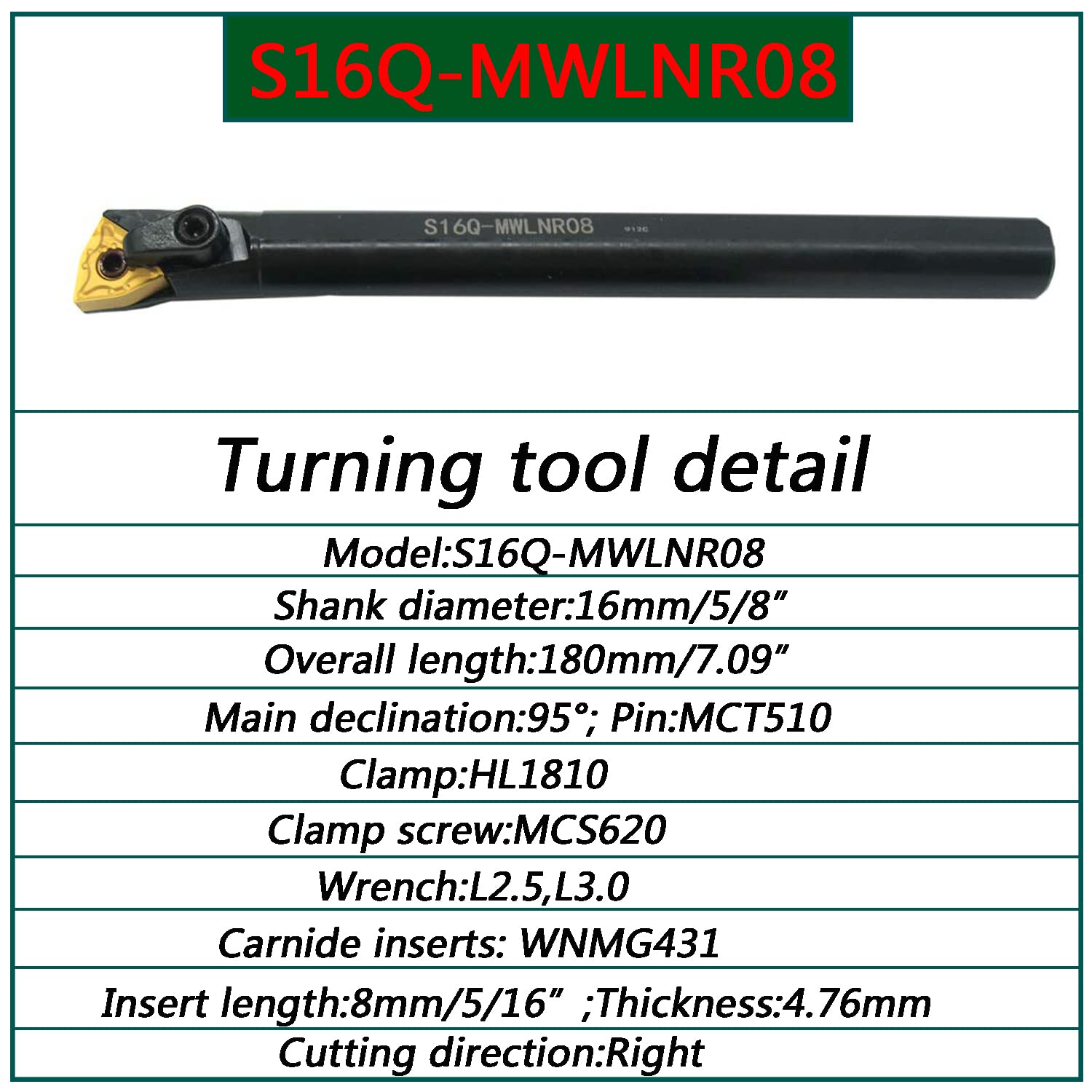 5/8" Tornio Excircle Portautensili per indicizzabile MWLNR1616H08 + tornio in metallo barra di alesatura interna S16Q-MWLNR08 + inserti di tornitura in carburo indicizzabile WNMG431(WNMG080404)