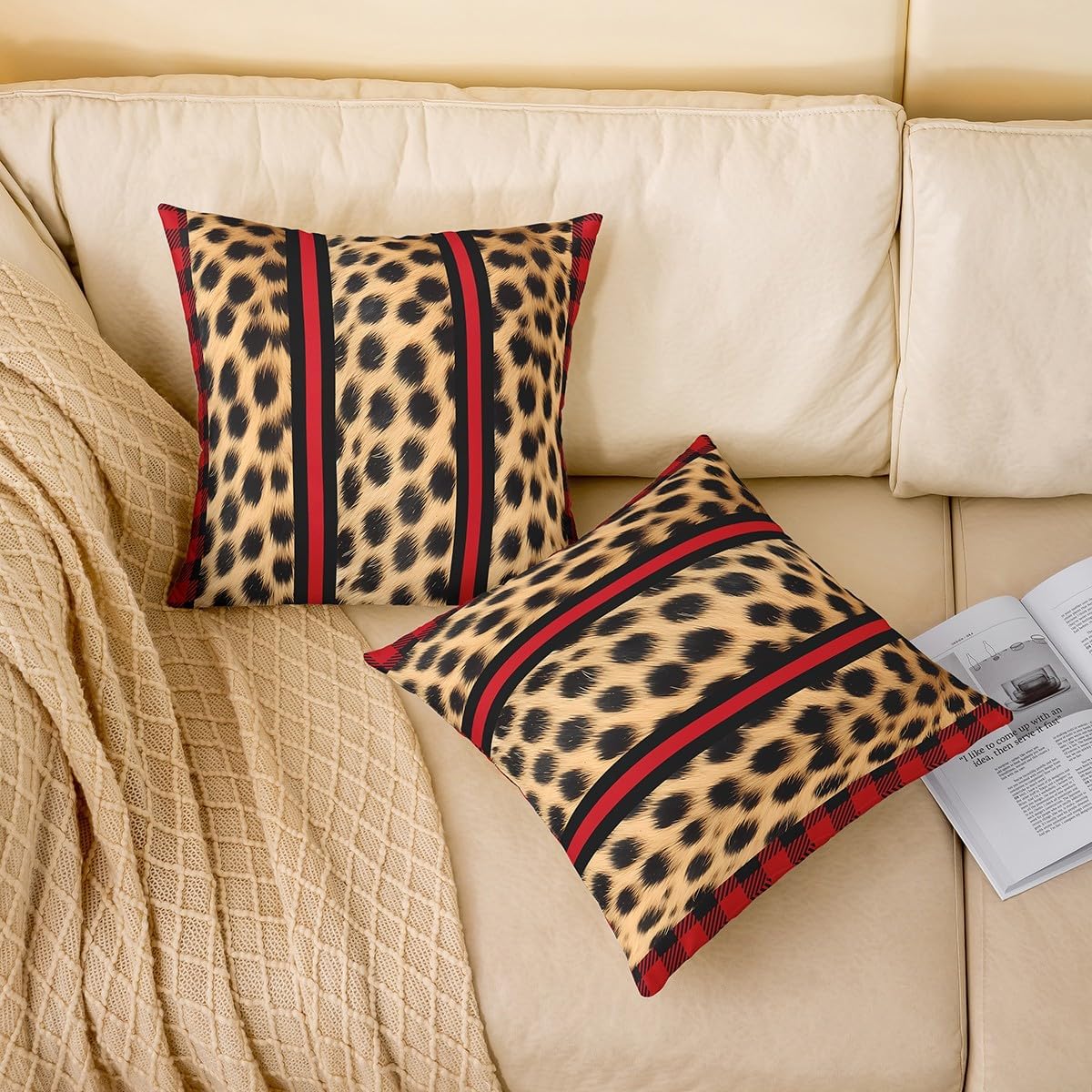 Feelyou Leopard Reversible Throw Pillow Covers Cheetah Print Square Cushion Covers Set of 2 for Kids Wild Animal Red Geometric Stripe Pillow Covers Home Decor Safari 22 x 22-Inch