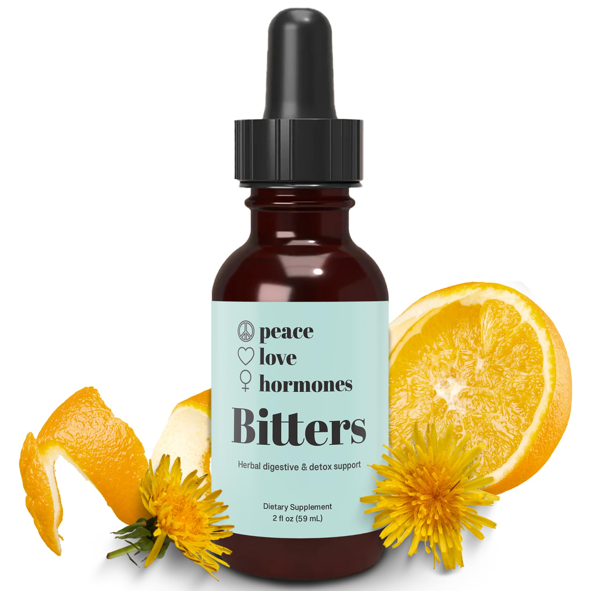 peace. love. hormones.Herbal Digestive Bitters Supplement for Women | USDA Organic Bitters for Digestion, Liver Detox with Gentian Root, Burdock Root, Dandelion Leaf Extracts - 2 fl oz, 59 Servings