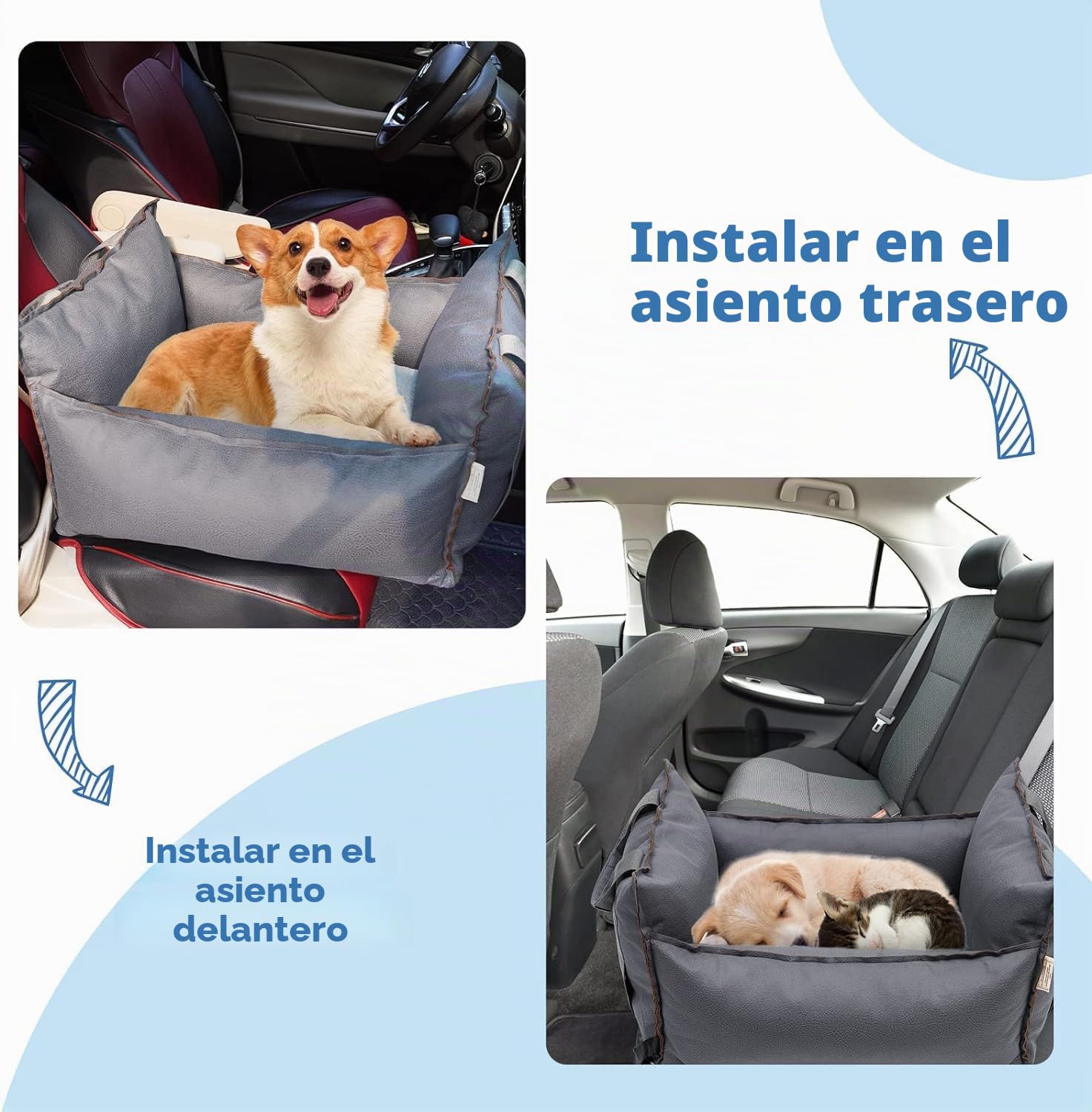 Asiento Elevador de Coche para Perros y Gatos - Cama para Mascotas de Doble Uso de Tela Versátil Cojín Grueso y Cinturón Seguridad (Azul Gris)