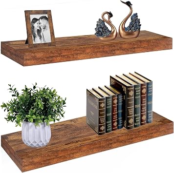 Rustic Brown Floating Shelves 25 Inch Rust Brown Shelves for Wall with 1/5" Thicker Steel Brackets | Heavy Duty Farmhouse Wall Shelves | Solid wood Core | Rustic Floating Shelves for Decor Set of 2