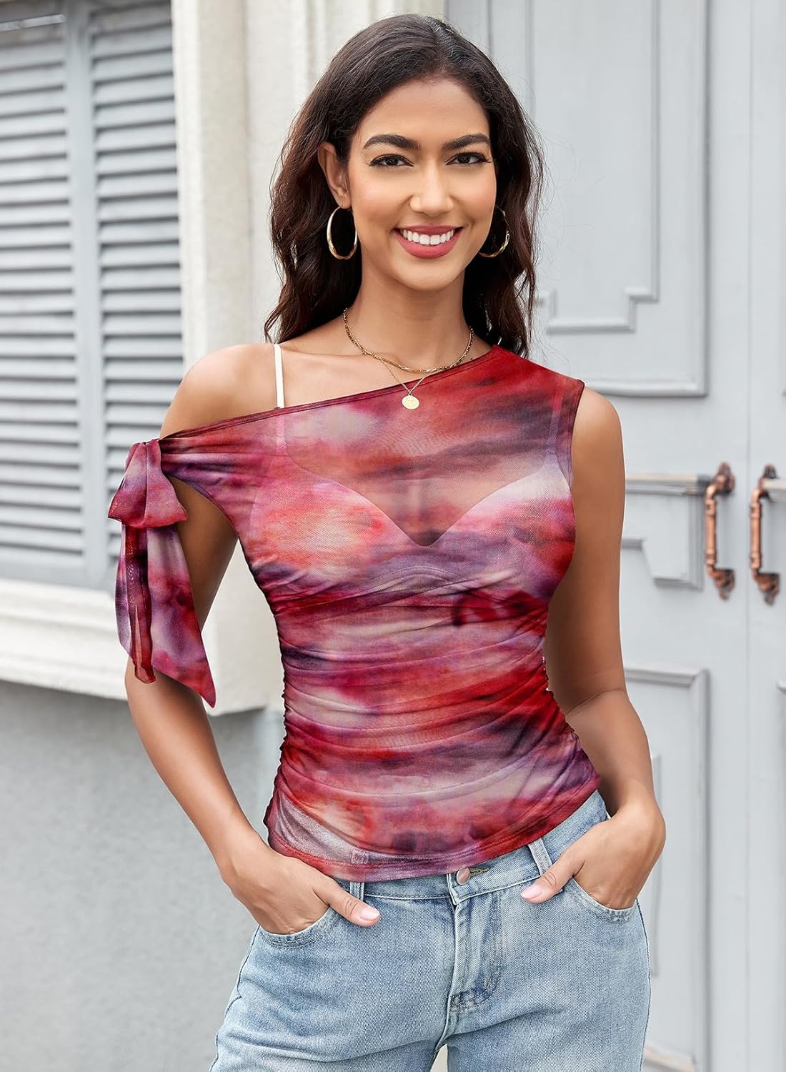 Pink Queen Women Summer Mesh Sheer Tops Self Tie Off The Shoulder Sexy Going Out T Shirts Blouse 2026 - Image 2