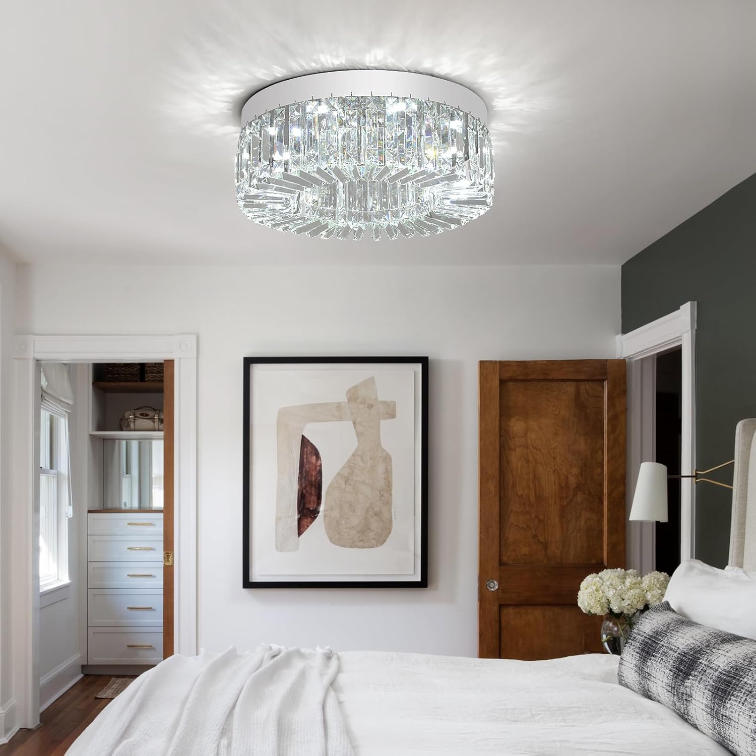 VETRULUS Crystal Chandeliers for Living Room 20Inch Flush Mount Crystal Ceiling Light Fixtures Modern LED Chandelier for Dining Room Kitchen Foyer Chrome Silver