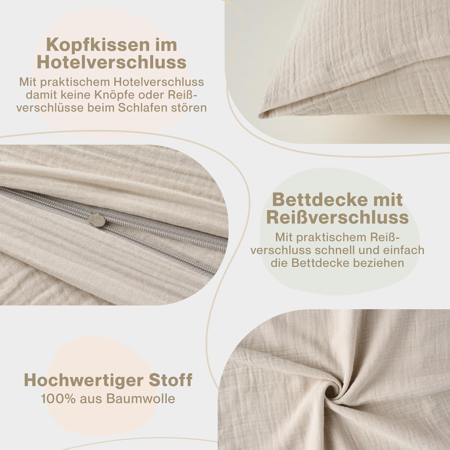 Blumtal Juego de ropa de cama de muselina certificado Öko-Tex, 155 x 220 cm + 40 x 80 cm, ropa de cama extrasuave, lavable