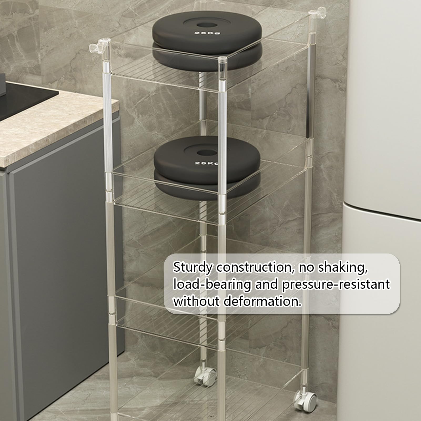 Carrito rodante utilitario con ruedas bloqueables, estantes móviles de 3 niveles con ganchos para baño, cocina, dormitorio, almacenamiento, diseño transparente