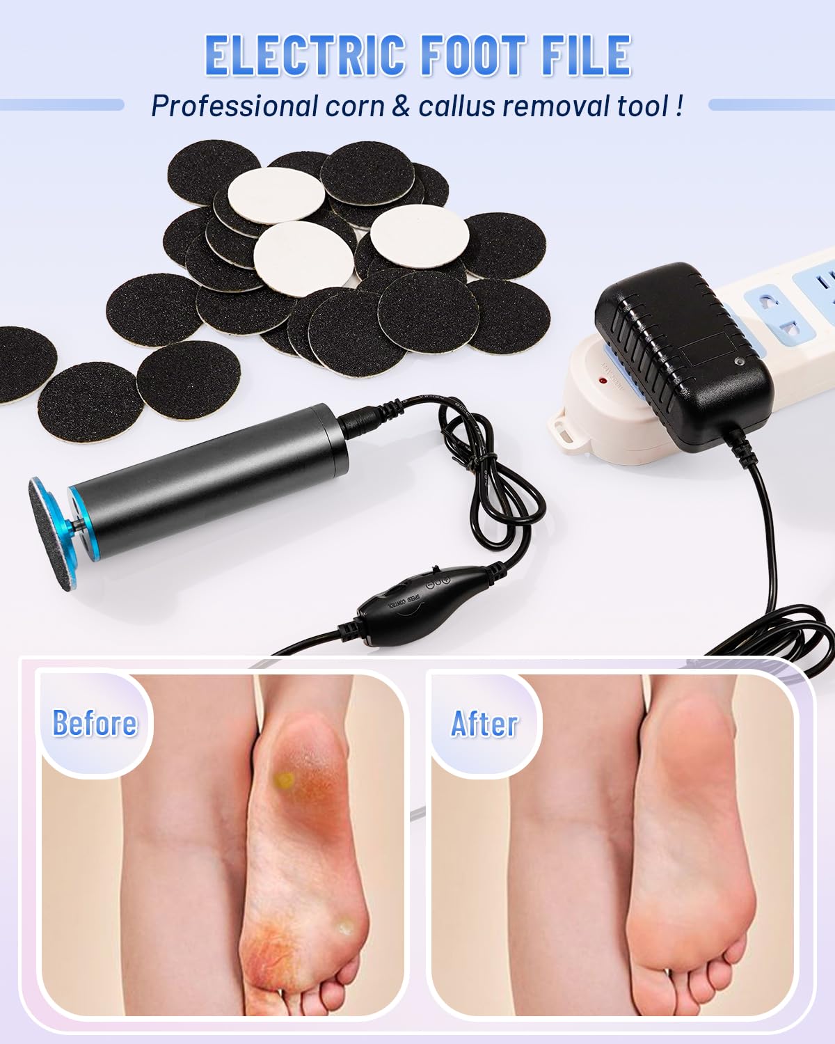 DERMAWAVE Lima eléctrica para pies, removedor de callos para pies, herramienta de pedicura profesional con 60 discos de papel de lija para hombres y mujeres