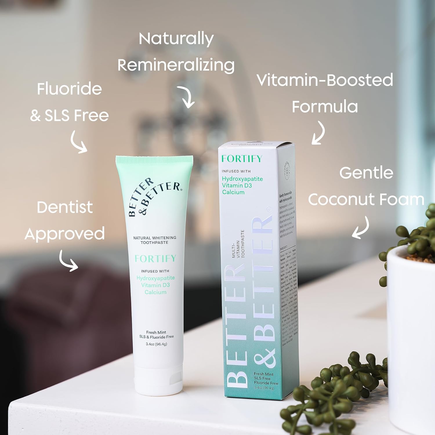 Better & Better Fortify Hydroxyapatite Toothpaste | Infused w/VIT. D & Calcium | Fluoride & SLS Free for Sensitive Brushers | Natural & Vegan Whitening Toothpaste | Fresh Mint Flavor | 3.4oz, 1 Pack - Image 2
