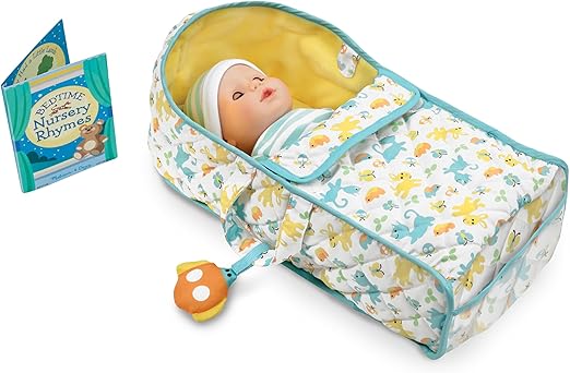 Melissa & Doug Mine to Love Bassinet Play Set Portable Carrier for Dolls with Crinkle Toy, Nursery Rhyme Book