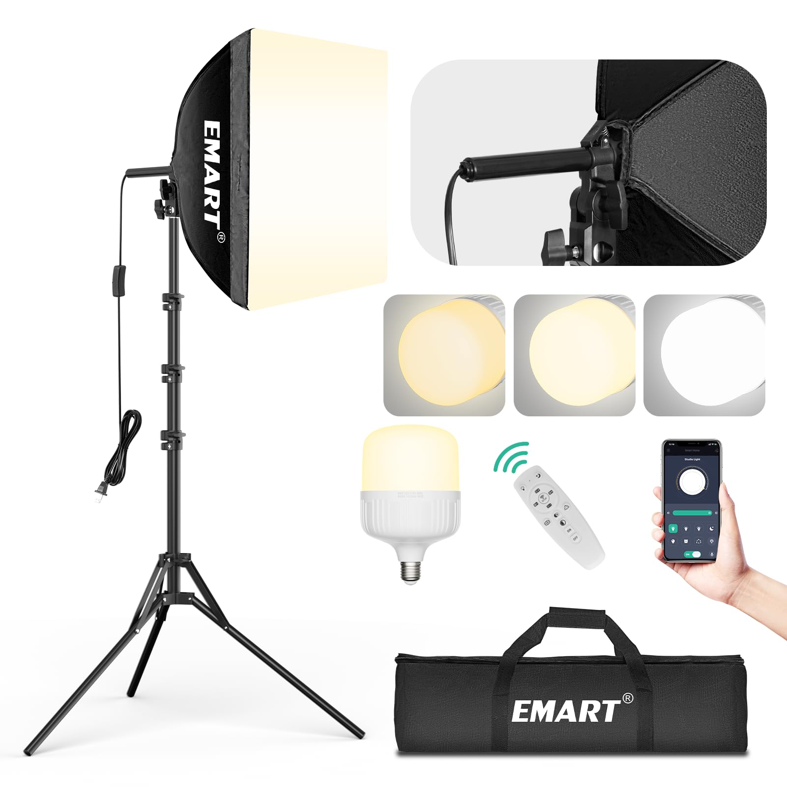 EMART Softbox Photography Lighting Kit, 16"x16" Pull Soft Box, 50W 3000K-6000K LED Bulb with Remote/APP Control, Professional Photoshoot Equipment for