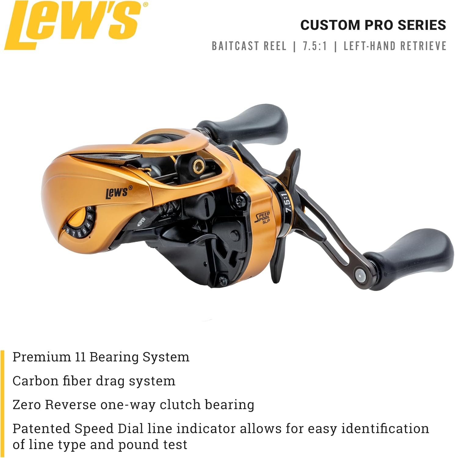 Lew’s Custom Pro Baitcast Fishing Reel, 10+1 Bearings, Aluminum Frame, ParaMag ITB Brake, Aluminum Speed Gears, Carbon Fiber Drag, Gold/Black
