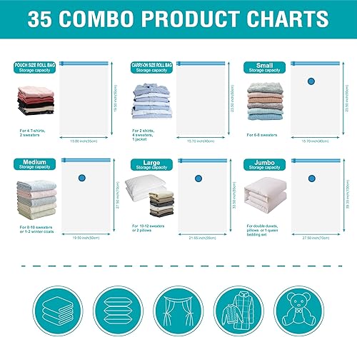 Miniatura 5 de Paquete de 35 bolsas ahorradoras de espacio (5 jumbo, 6 grandes, 6 medianas, 6 pequeñas, 6 rollos, M6 rollos), bolsas de almacenamiento de
