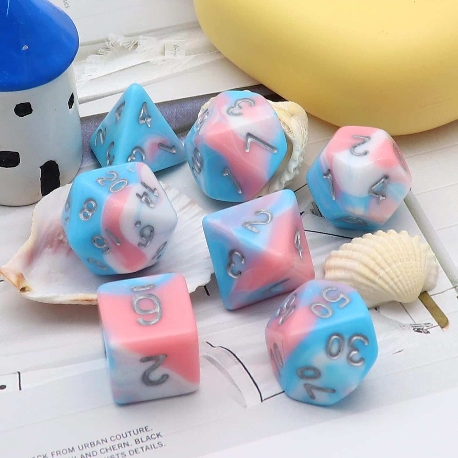 PJOY DND Dice Set 7PCS Blue Pink White D&D Polyhedral Dice with Velvet Dice Bag for Role Playing Dice Games Compatible with Dungeons and Dragons (Pastel Paradise)