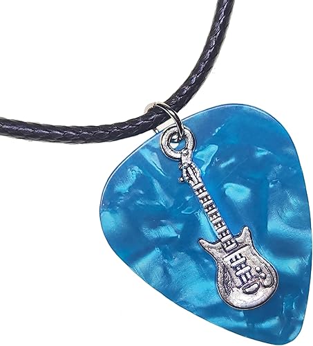 Miniatura 7 de Guitar Pick Necklace with Electric Guitar Charm & Vegan Leather Cord Chain (Red)