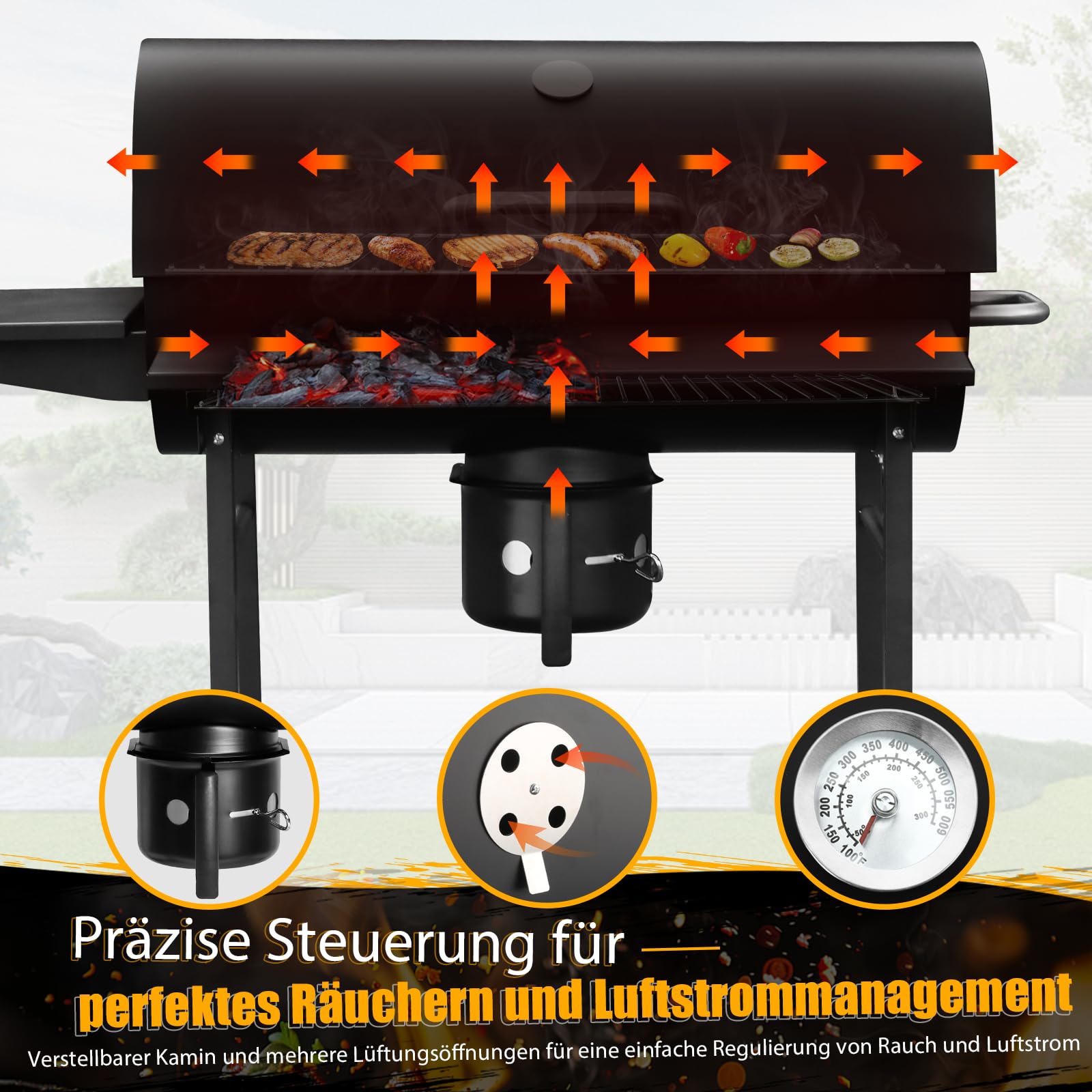 Großer Holzkohlegrill, BBQ Grill mit 4 Lüftungen, Robuster Garten Outdoor Grill