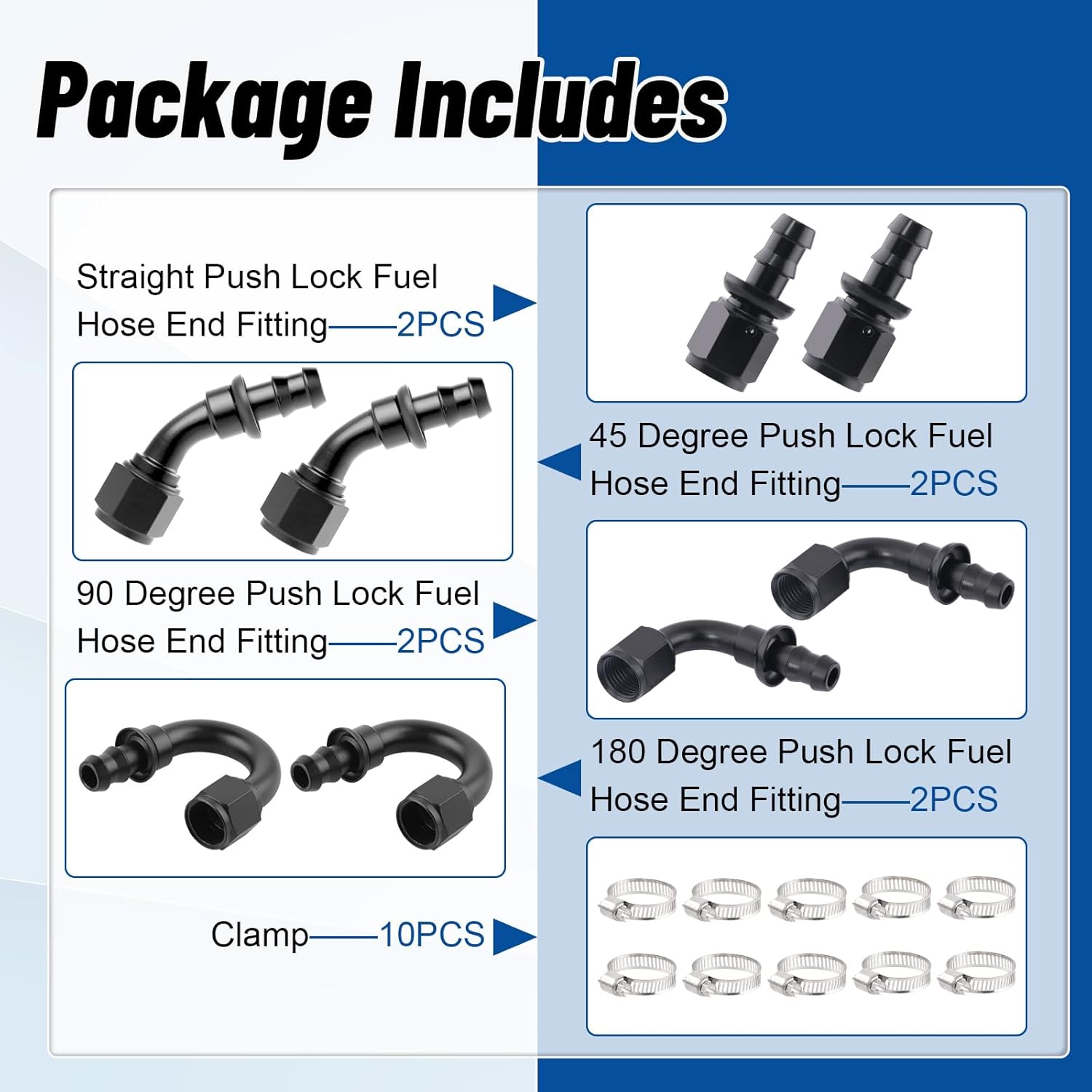 6AN Push Lock Hose Fitting Kit Straight 45 90 180 Degree Elbow Black Ends with Clamps for Rubber Fuel Line, 8PCS