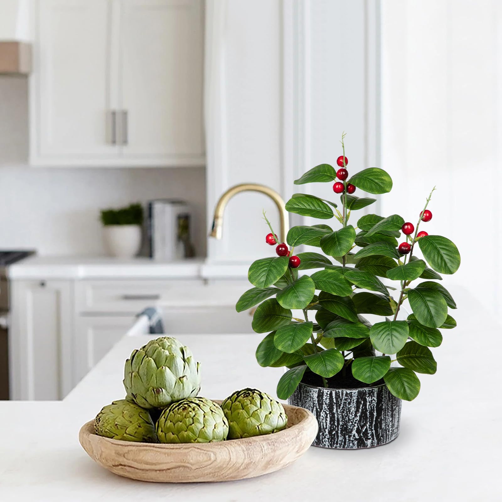 Arborus 16.5" Fake Plants in Pots Artificial Ficus with Red Berries Indoor Faux Green Plants with Black and White Striped Pots Artificial Greenery for Home Decor - Image 4