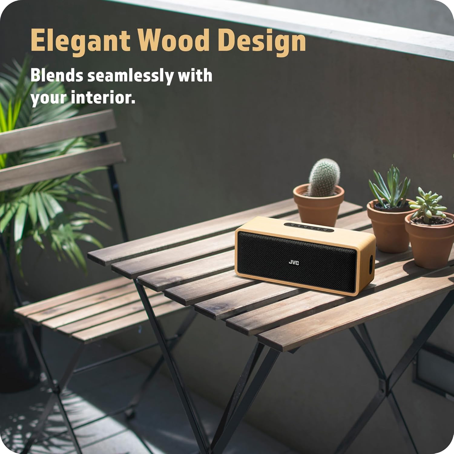 JVC Portable Wireless Bluetooth Stereo Speaker – Genuine Wood, Retro Style, Rich Sound, 12 Hr Battery, Palm-Sized, for Home, Office, or Outdoors, USB-C and Aux Input - SPWS2BT