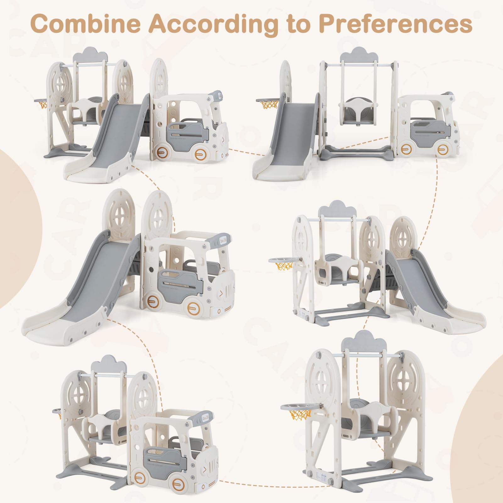 OLAKIDS Toddler Slide and Swing Set, 5 in 1 Bus Themed Baby Slide with Climber Basketball Hoop Car Playhouse for Indoor Outdoor Boys Girls Aged 3+ (Grey) - 5