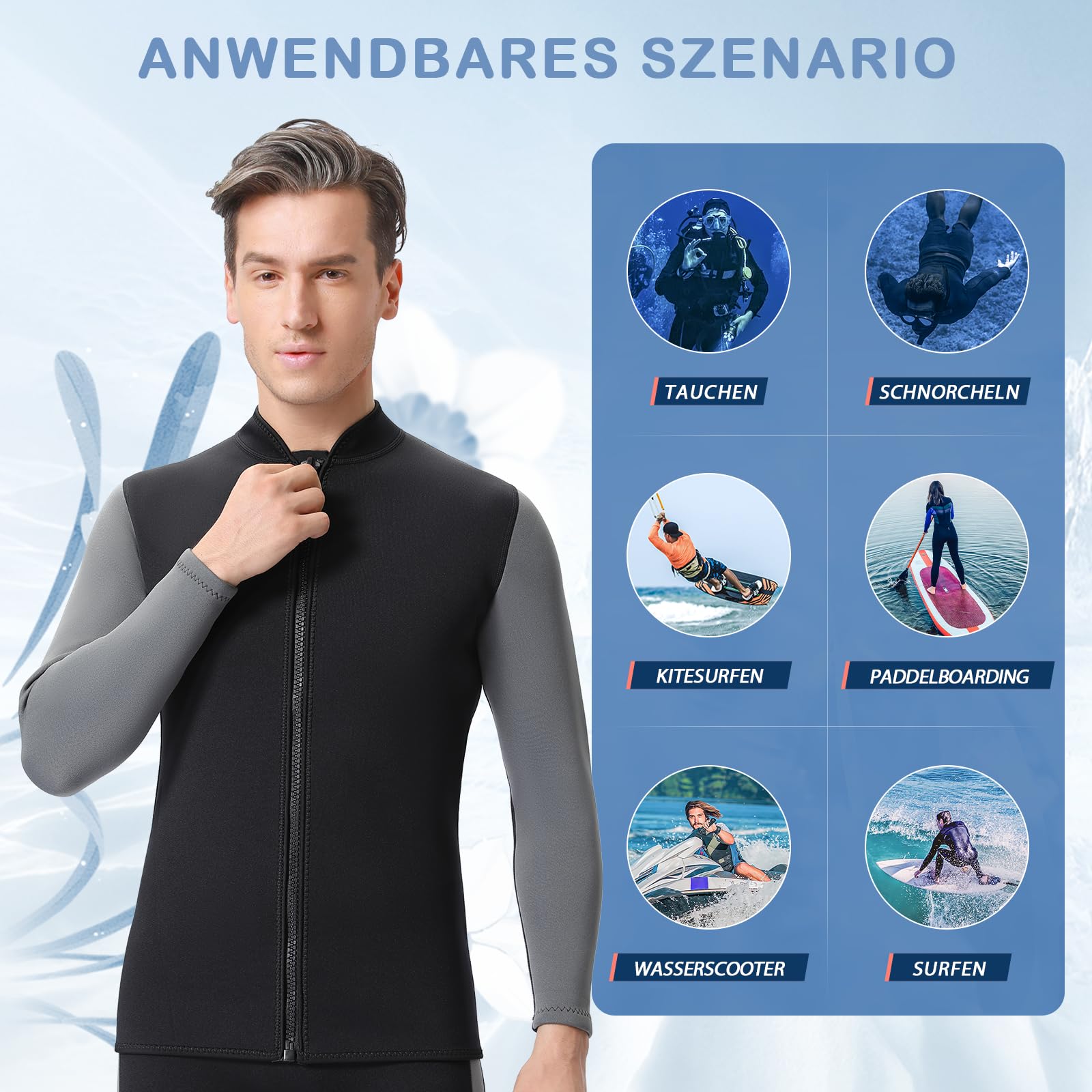 FLEXEL Veste de Combinaison en Néoprène Homme Femme 3mm, Veste de plongée Top à Manches Longues Rash Guard Fermeture éclair sur Le Devant pour Le Surf, la Natation, la Plongée en apnée
