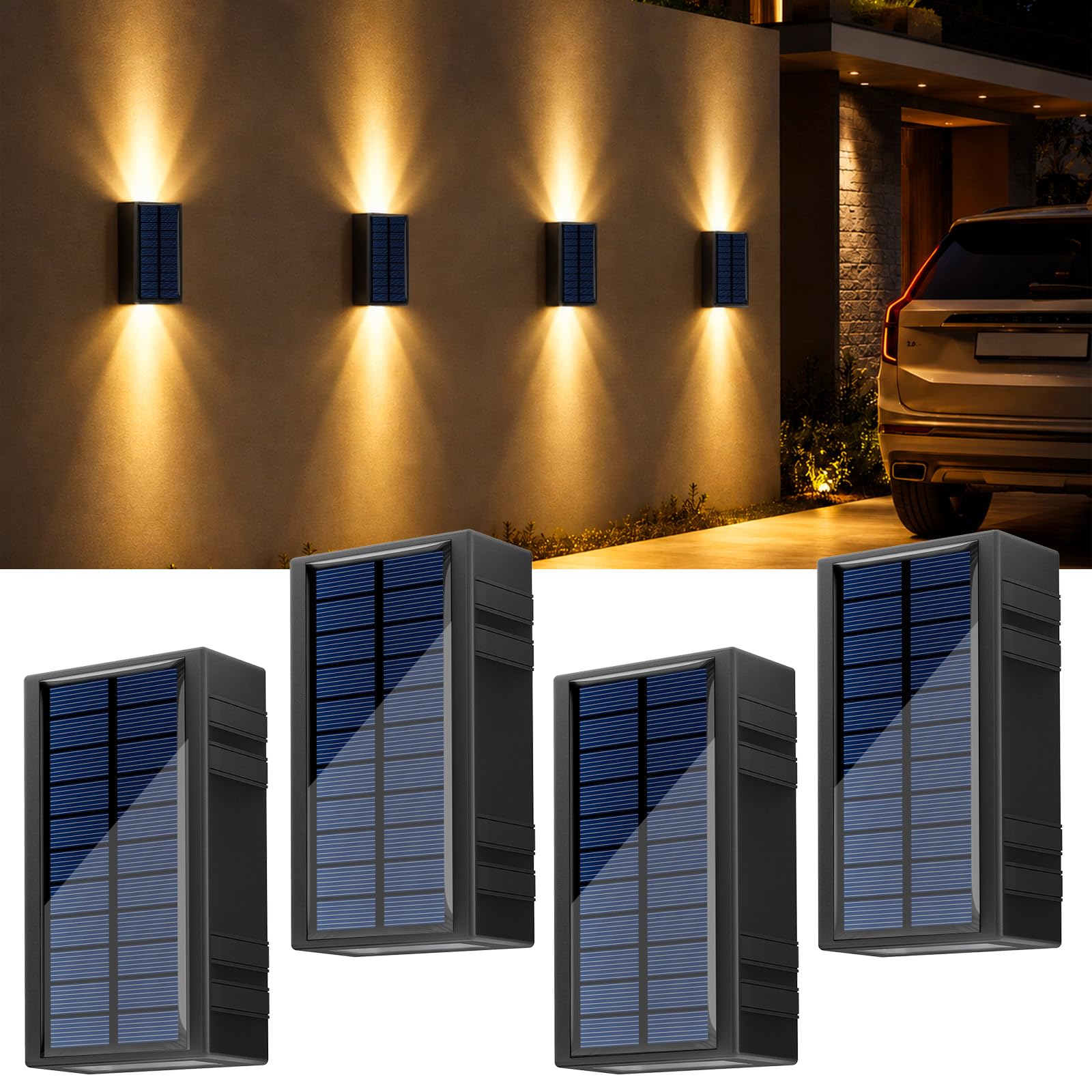 Lacasa Luz Solar Exterior de Pared, 4 Pack 2 Modos Luces Solares Apliques | 2 Colores en 1 (2700K/6500K), Impermeable IP65, Up & Down Iluminación Auto On/Off, LED Lampara Solar para Jardin Garaje Patio