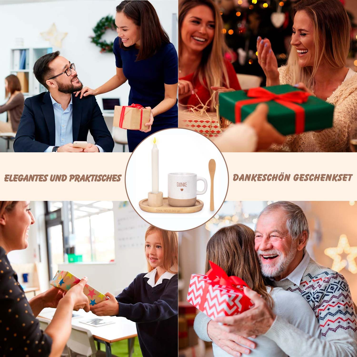 Dankeschön Geschenke Set Geburtstagsgeschenk für Frauen Männer Beinhaltet Holztablett Tasse Kerze Löffel Kerzenständer Personalisierte Geschenke für Mama Hebamme Kollegen Freunde