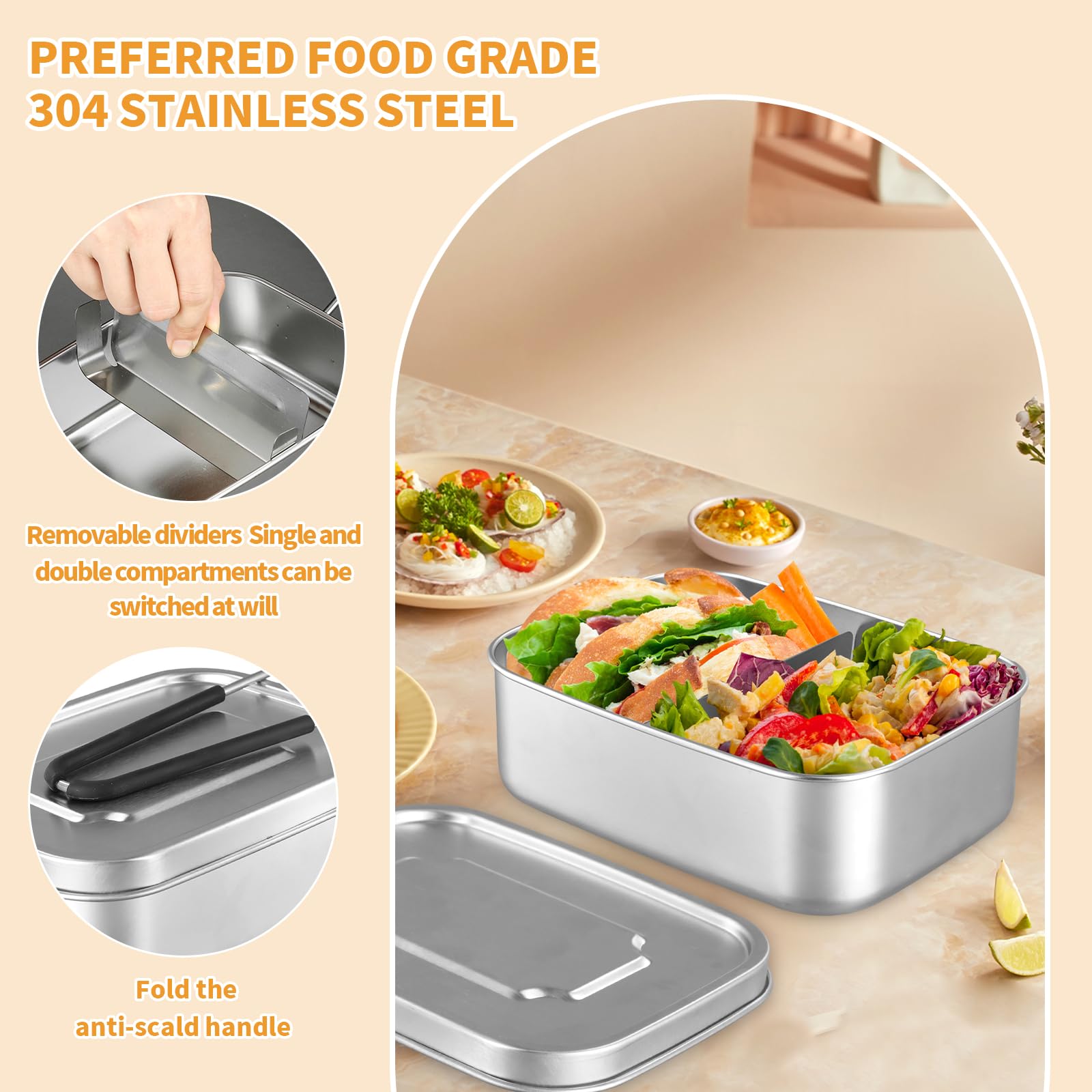 Joyan Lunch Box Inox 1200ml, Boîte Repas avec Compartiment Amovible, Bento Lunch Box avec Récipient de Sauce Inclus et Cuillère, Boîte à Bento en Acier Inoxydable, Étanche pour Enfants et Adultes