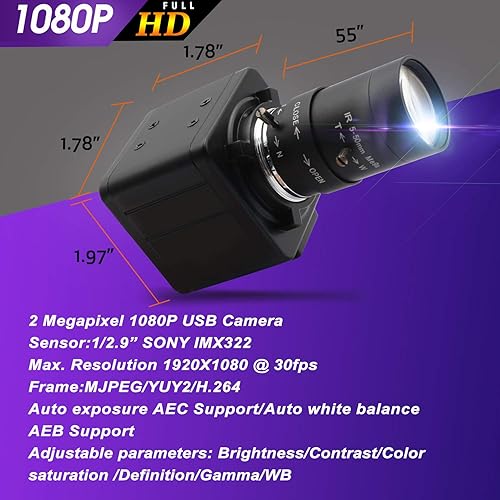Miniatura 5 de Cámara web 1080P 0.197-1.969 in lente varifocal Cámara USB HD 2MP 0.01Lux baja iluminación Sony IMX322IMX323 Sensor Cámara industrial con formato