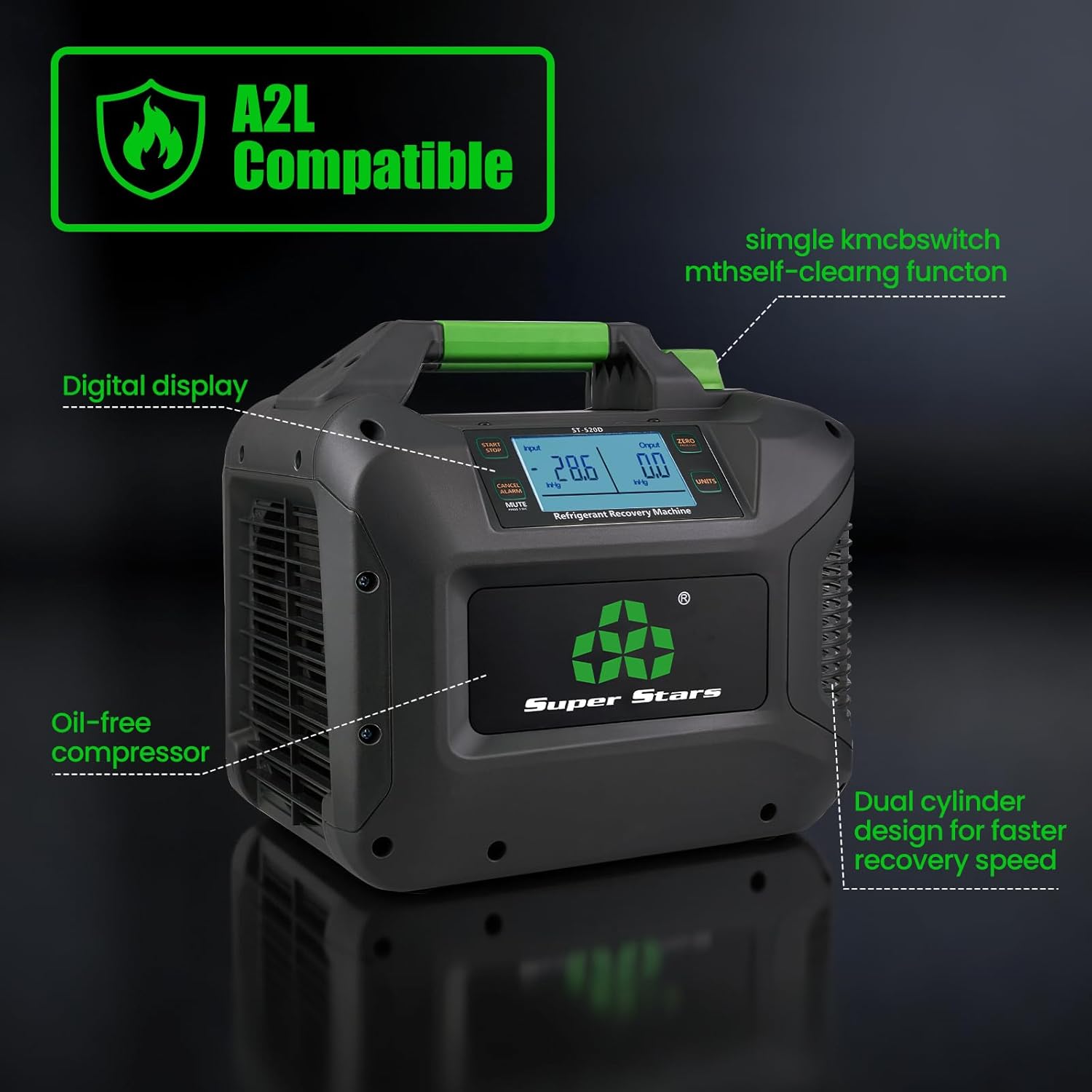 Super Stars Refrigerant Recovery Machine A2L-Compatible - 1 HP (750 W) Brushless Digital Display with Self-Cleaning Portable HVAC Unit for All Common CFC HFC HCFC