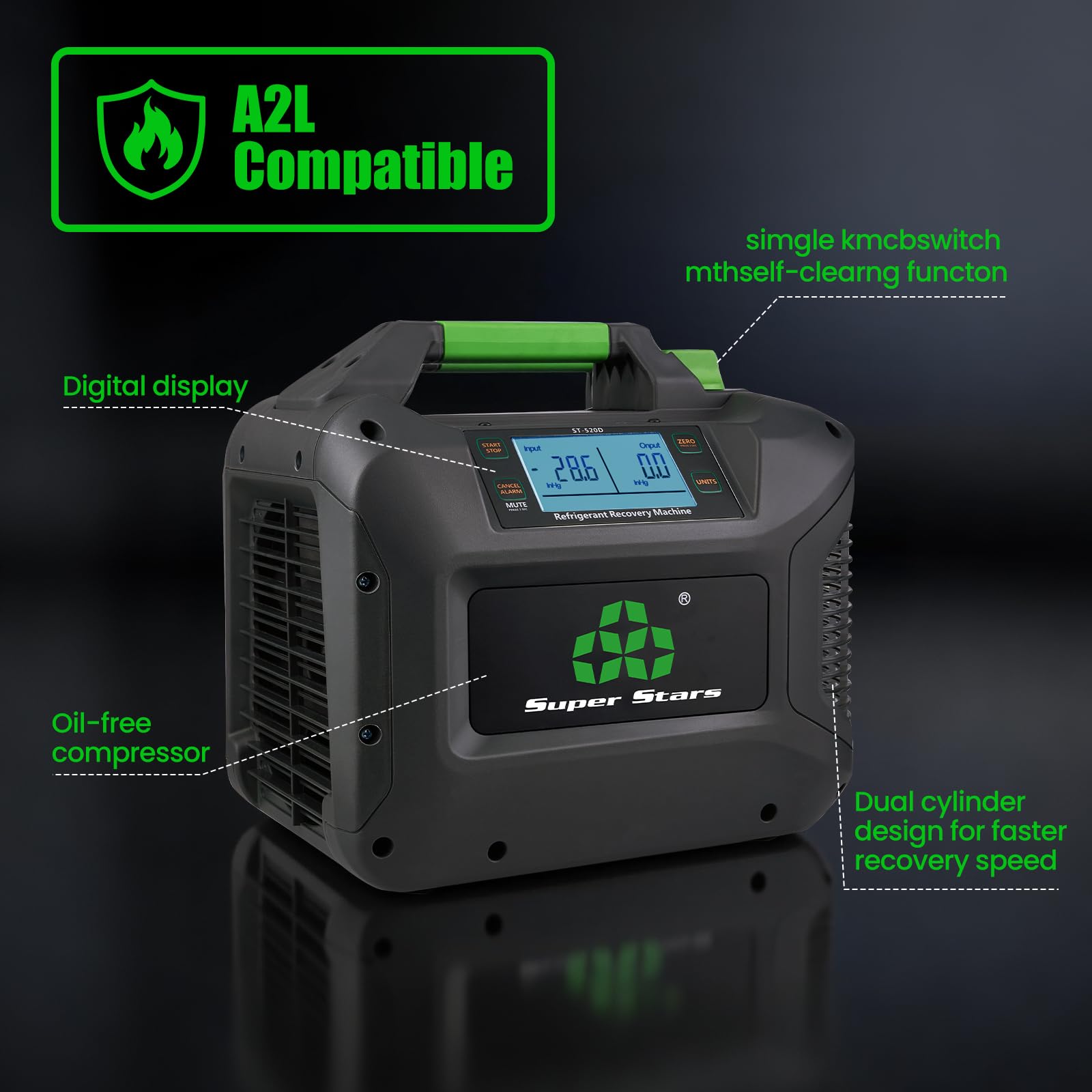 Super Stars Máquina de recuperación de refrigerante compatible con A2L | 1 HP (750 W), pantalla digital sin escobillas, autolimpieza, unidad HVAC portátil, para CFC HFC HCFC